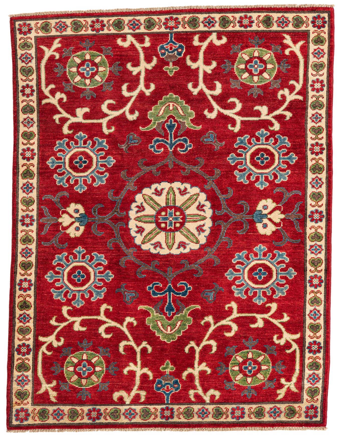 A 4x6 rectangular red wool rug with a traditional Southwestern pattern featuring blue, green, and cream floral motifs and a detailed border.