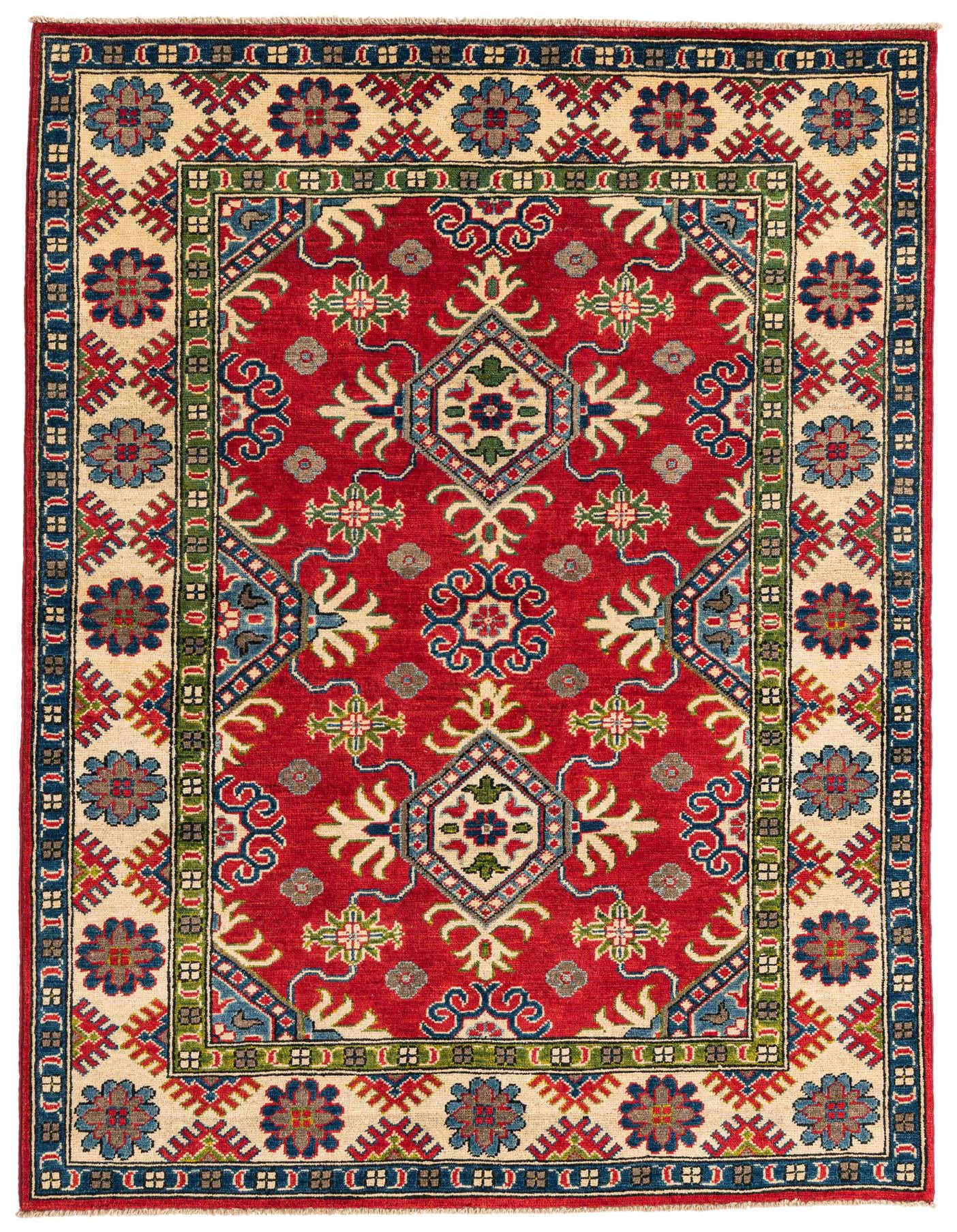 A 4x6 rectangular red rug with a traditional Southwestern medallion pattern, featuring intricate floral and geometric designs in blue, green, and beige.