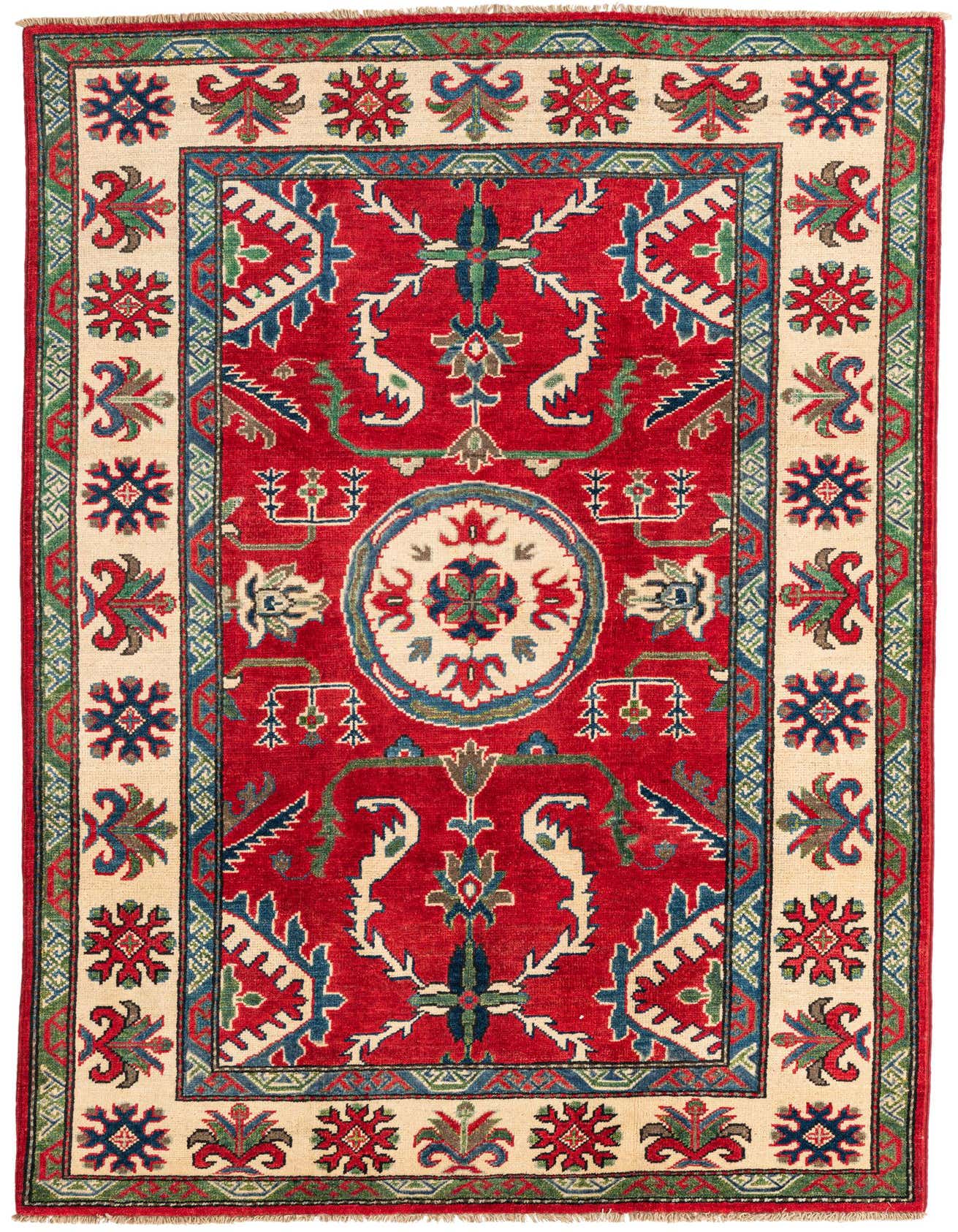 A 4x6 rectangular red area rug with a traditional Southwestern medallion pattern and a cream border.