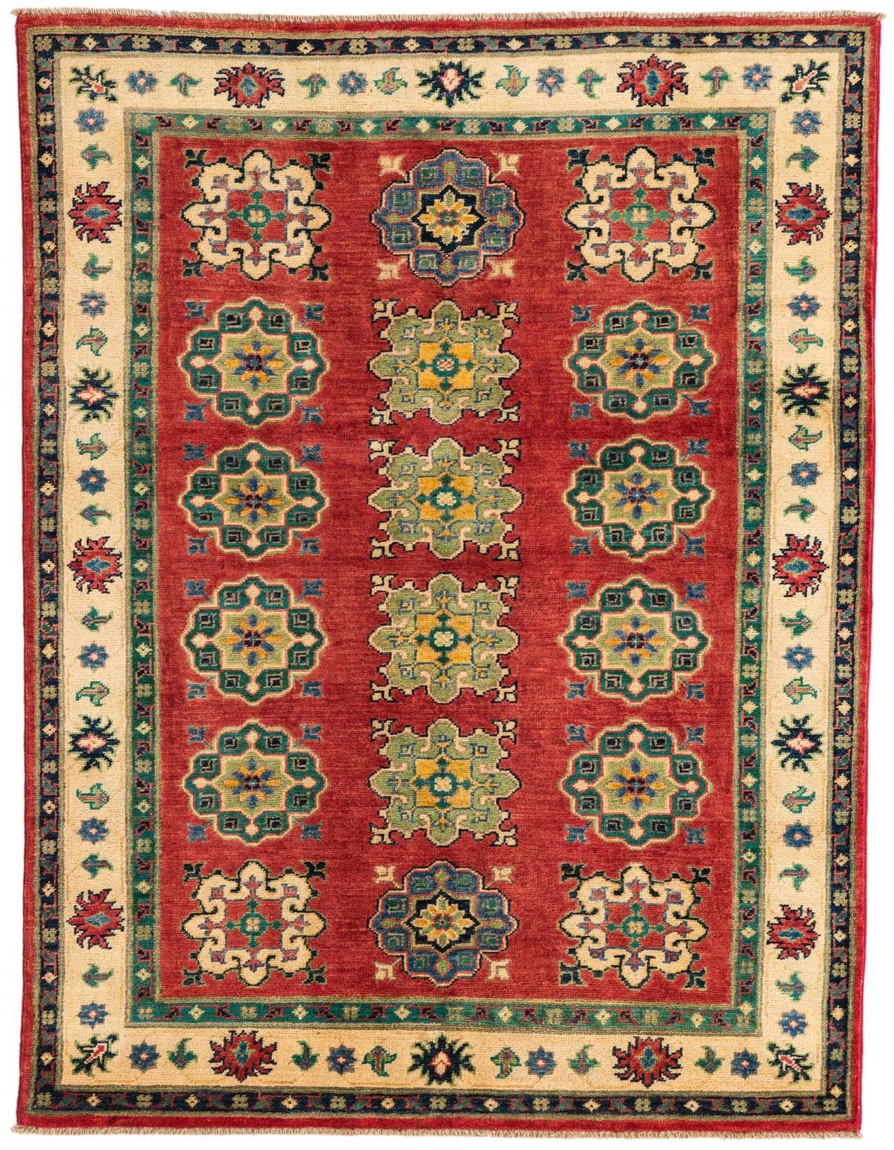 A 4x6 rectangular red rug with a traditional Southwestern pattern featuring geometric medallions in blue, green, and yellow, framed by a cream border.