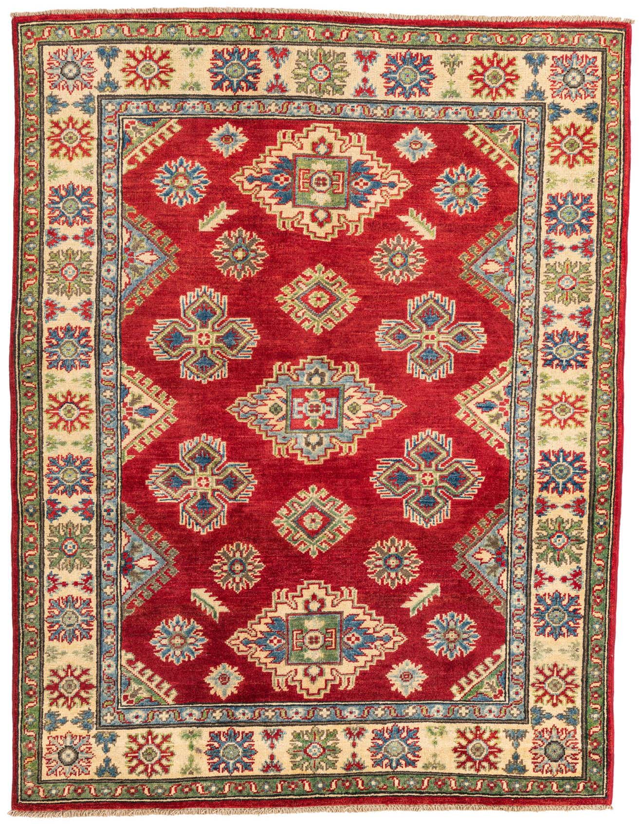 A 4x6 rectangular red wool rug with a traditional Southwestern pattern and a cream border.
