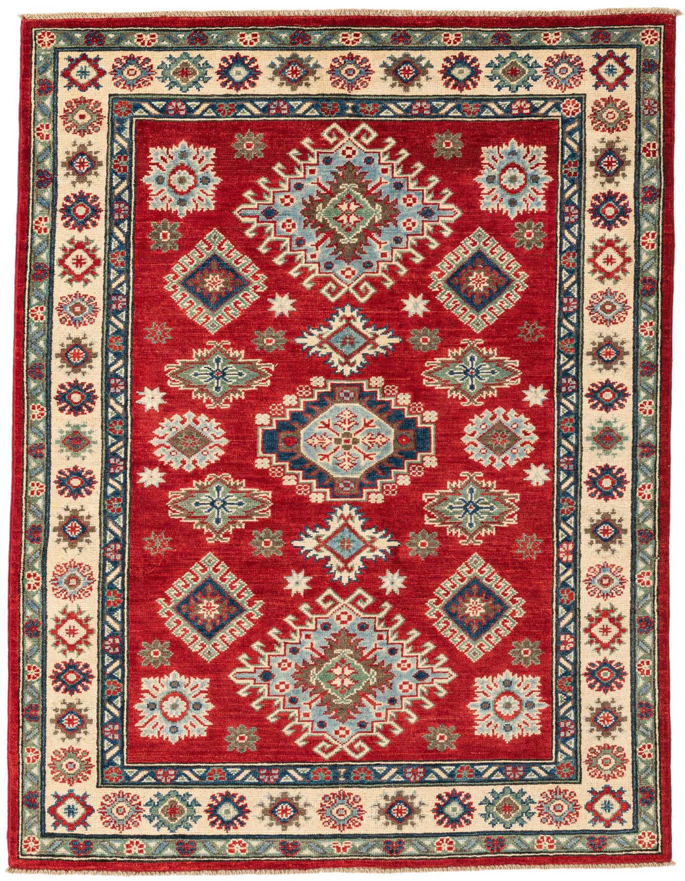 A 4x6 rectangular red wool rug with a traditional Southwestern pattern and a cream border, suitable for a living room.