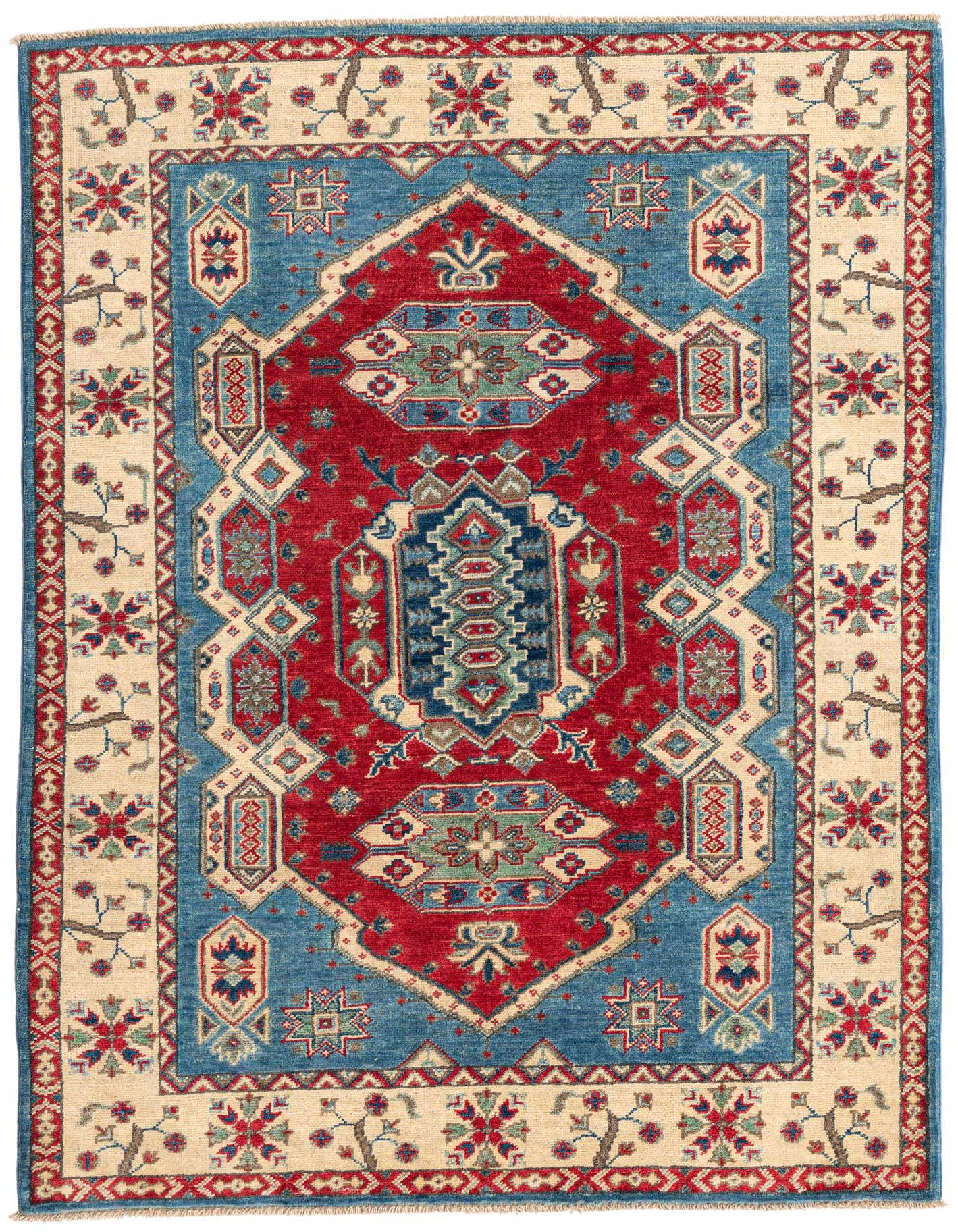 A 4x6 rectangular Rugs.com Kazak rug featuring a bold red medallion and intricate blue and cream traditional patterns.