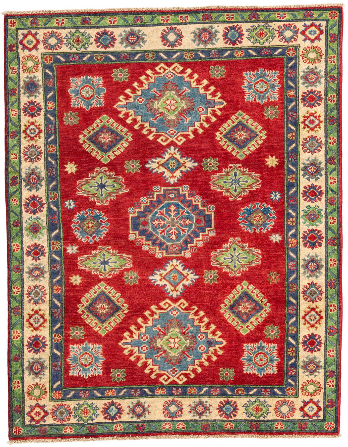 A 4x6 rectangular red traditional Kazak rug with intricate blue, green, and cream geometric patterns and a detailed border.