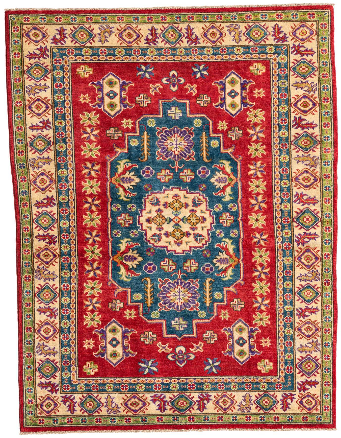 A 4x6 rectangular Kazak rug with a dominant red field, a central blue medallion, and intricate traditional patterns in beige, green, and purple.