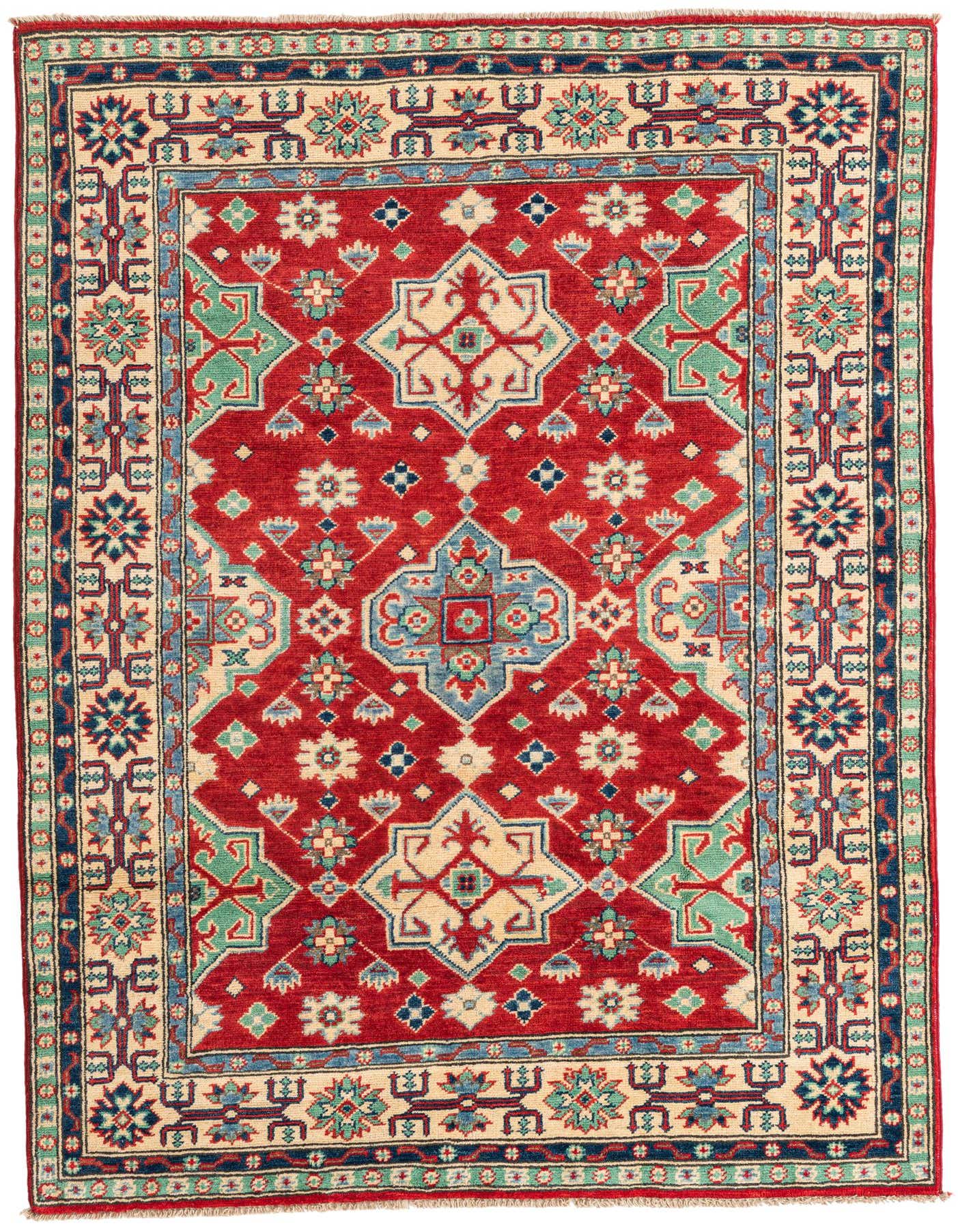 A 4x6 rectangular red rug with a traditional Southwestern medallion pattern in cream, blue, and teal.