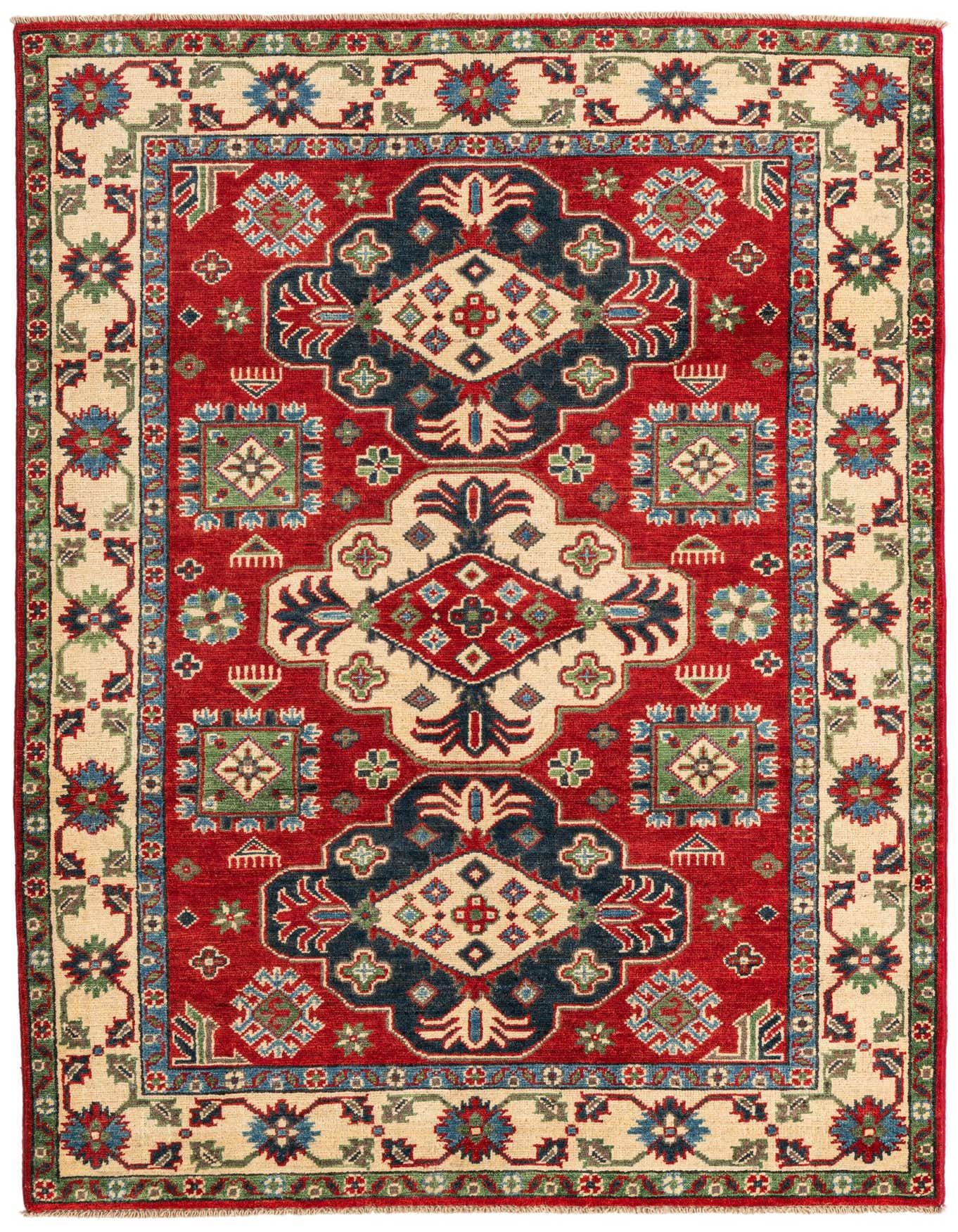 A 4x6 rectangular Rugs.com Kazak rug with a traditional medallion pattern in reds, navy, beige, and green.
