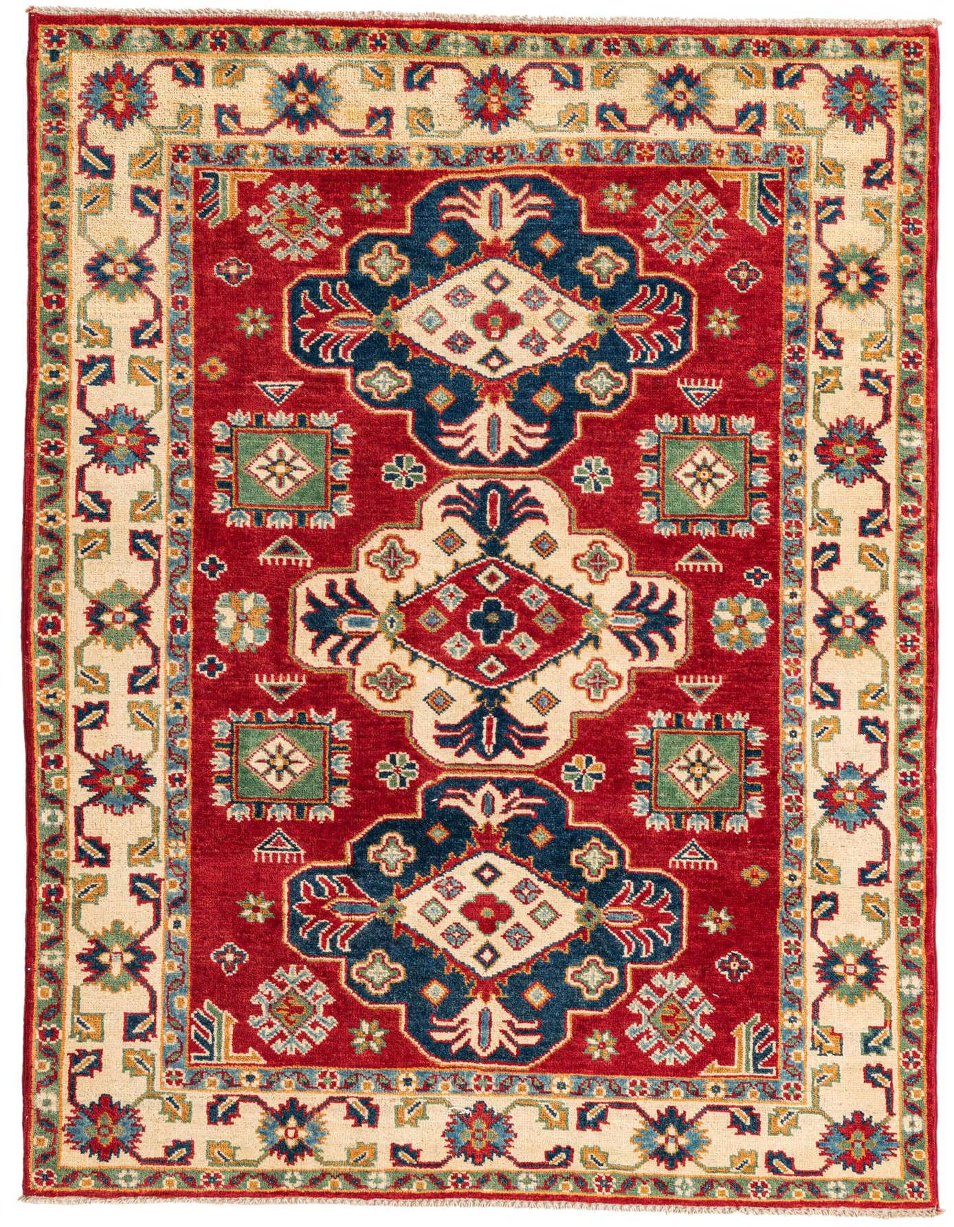 A 4x6 rectangular red wool rug with a traditional Southwestern medallion pattern and a cream border.