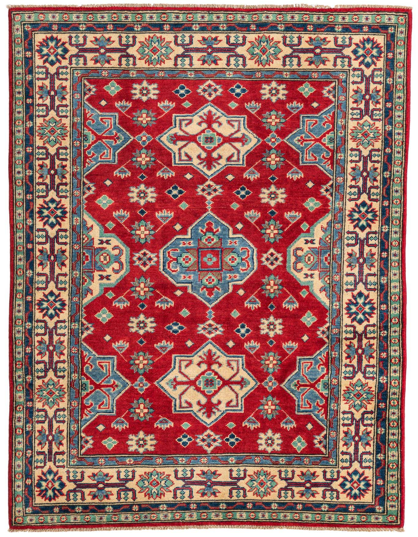 A 4x6 rectangular red Kazak rug with traditional Southwestern and Oriental medallion patterns in blue, beige, and green.