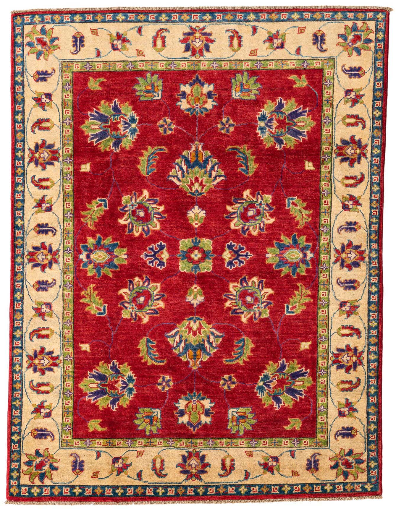A 4x6 rectangular Rugs.com Kazak rug in rich red with a cream border, featuring traditional Southwestern floral and geometric patterns.