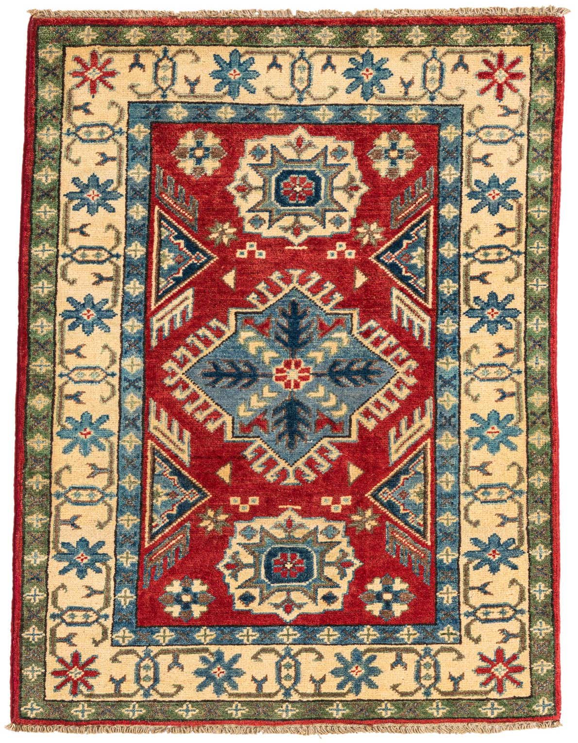 A 3x4 rectangular Rugs.com Kazak rug with a red field, blue medallion, and cream border featuring traditional Southwestern and Oriental patterns.