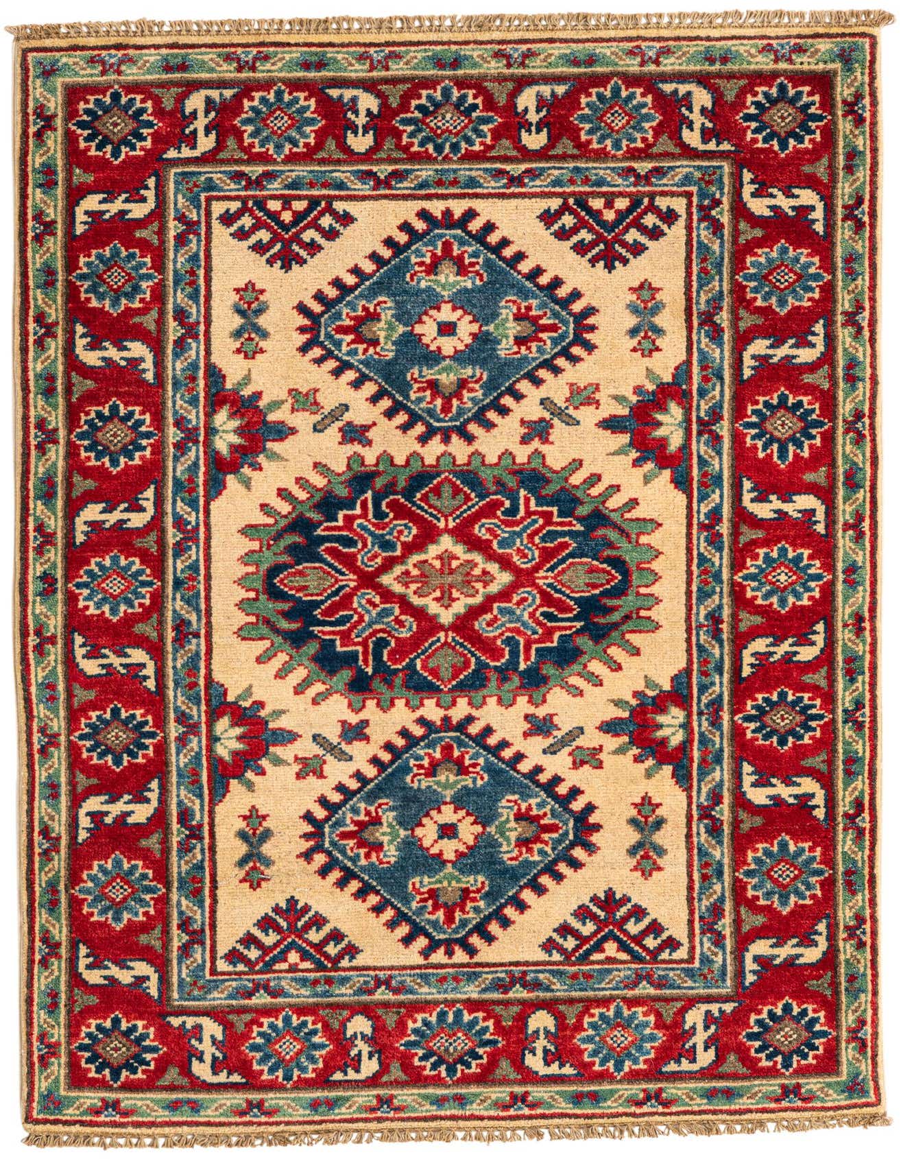 A 3x4 rectangular Rugs.com Kazak rug with a traditional Southwestern medallion pattern in reds, blues, and cream.