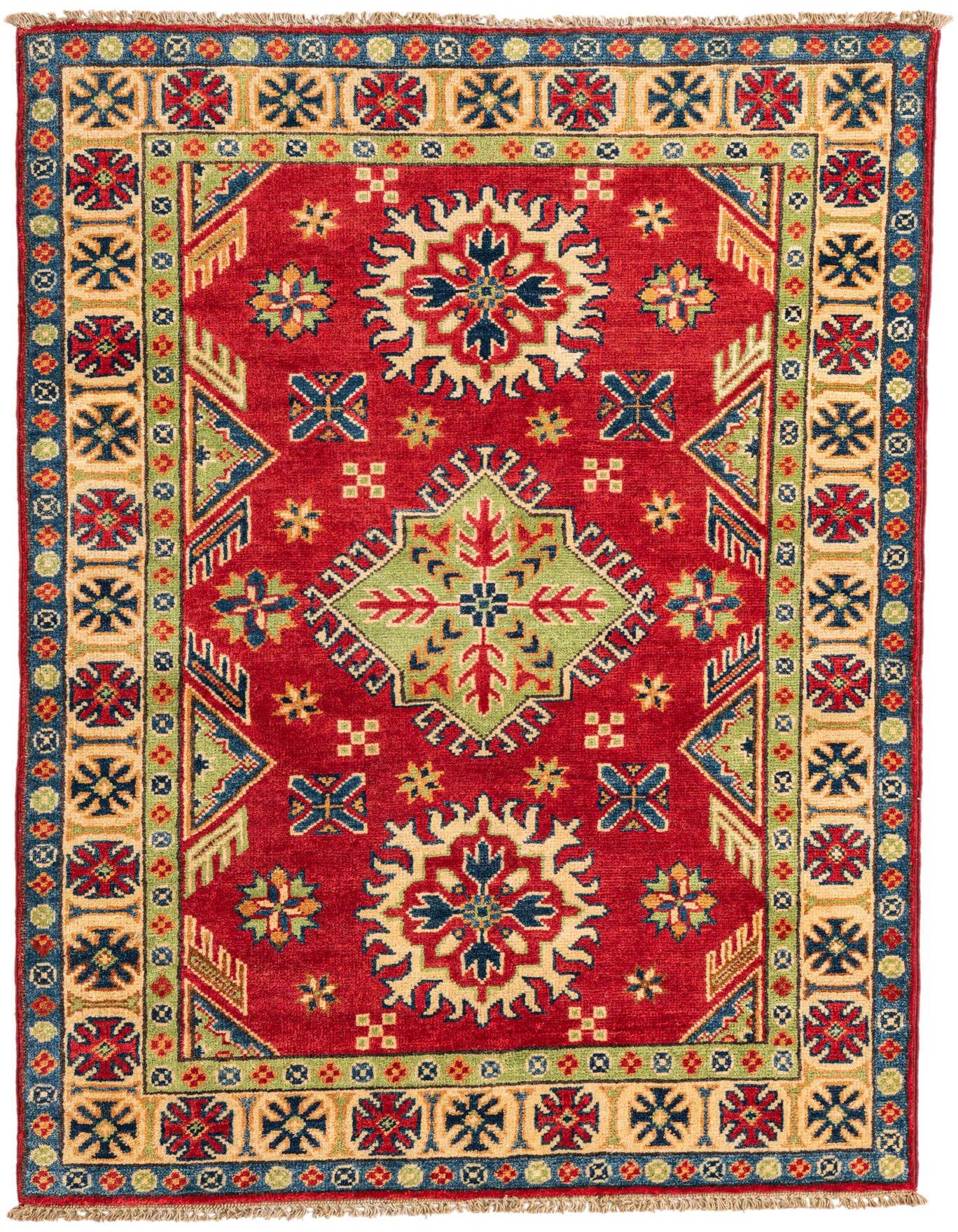A 3x5 rectangular Rugs.com Kazak rug featuring a bold red field with traditional Southwestern and Oriental patterns in blue, green, and cream.