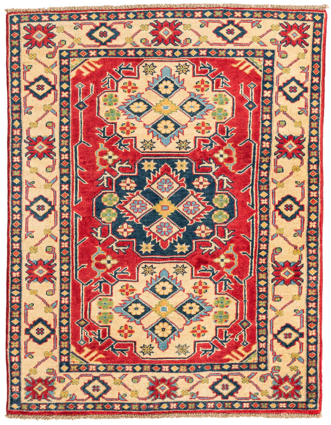 A 3x5 rectangular red and beige Kazak rug with a traditional medallion pattern, ideal for an entryway.