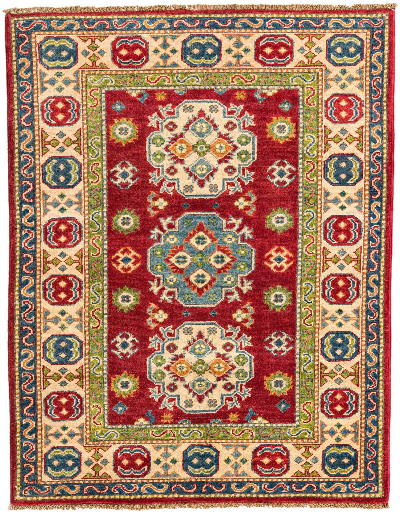 A 3x5 rectangular red Kazak rug with traditional Southwestern and Oriental medallion patterns in blue, green, and beige.