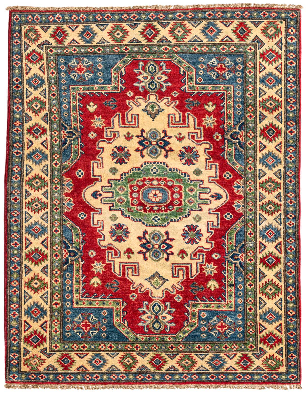 A 3x5 rectangular traditional Kazak wool rug featuring a central medallion in red, blue, and cream with geometric patterns.