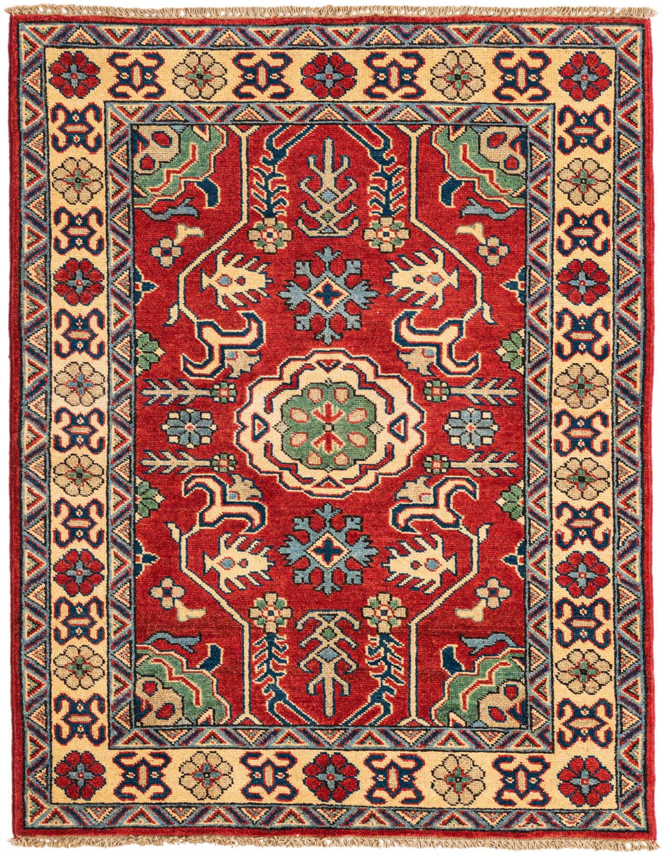 A 3x5 rectangular red Kazak rug with a traditional Southwestern pattern and a cream border.