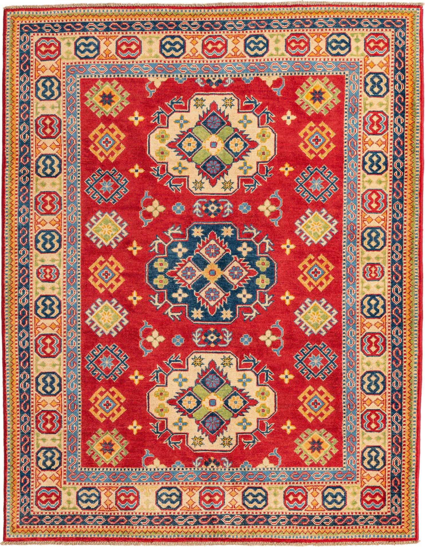 A 5x7 rectangular red traditional rug with Southwestern and Oriental medallion patterns in blue, yellow, green, and cream.