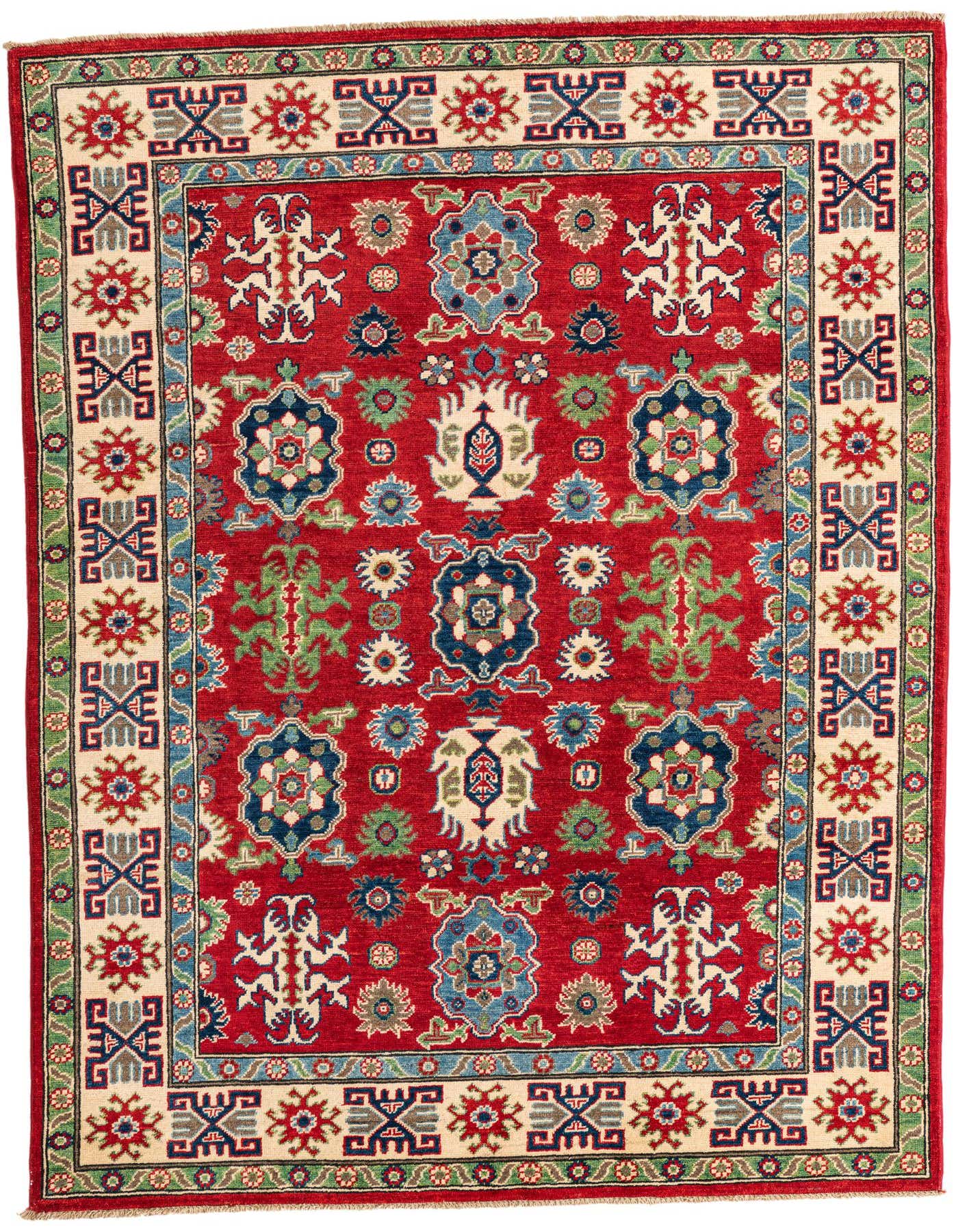 A 5x7 rectangular red Kazak rug with traditional Southwestern and Oriental patterns in blue, green, and cream.
