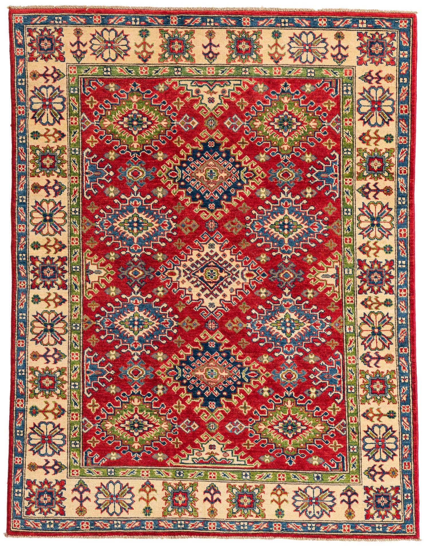 A 5x7 rectangular Rugs.com Kazak rug with a vibrant red field and intricate traditional Southwestern patterns in blue, green, and cream, framed by a cream border with floral motifs.