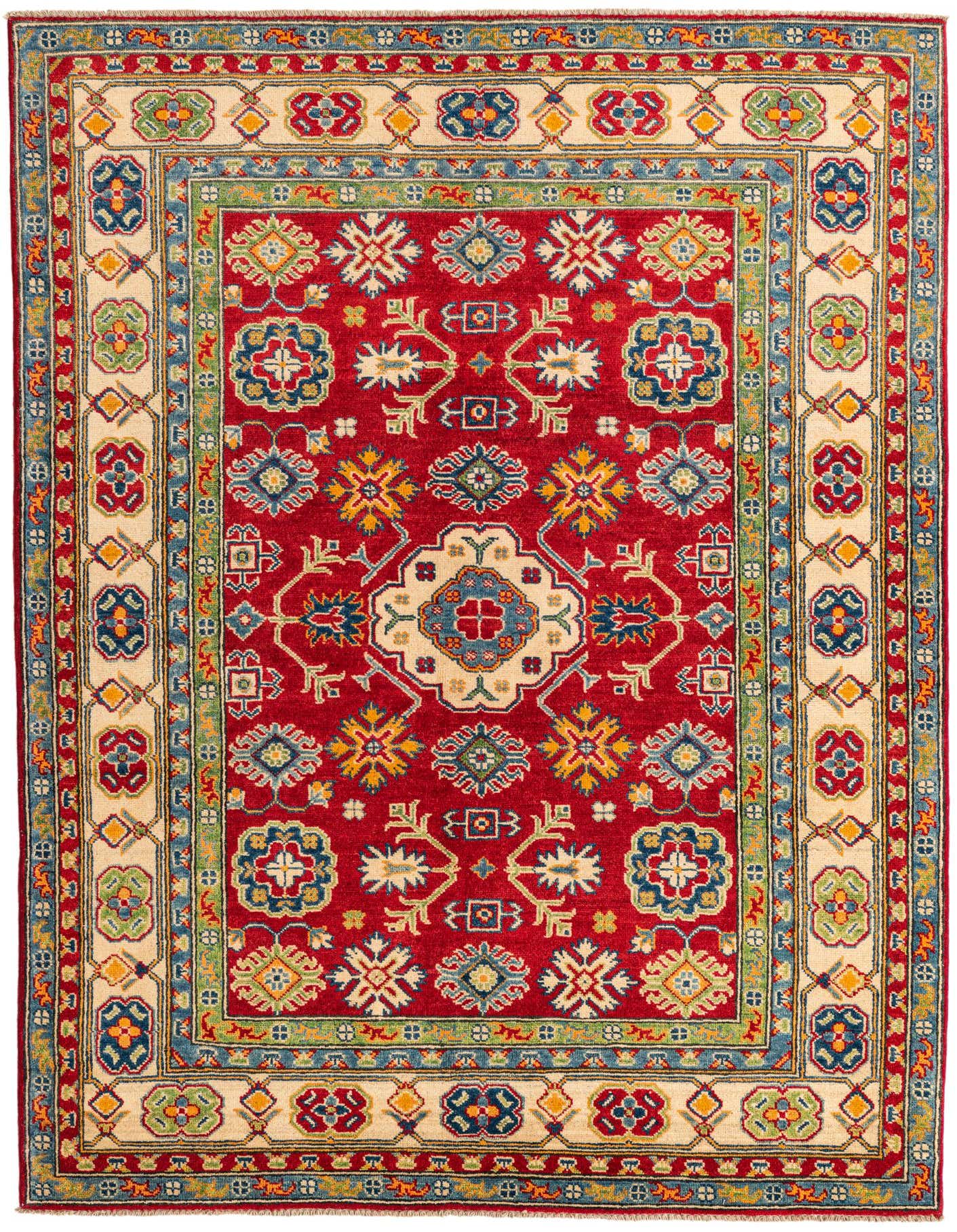A 5x7 rectangular Rugs.com Kazak rug with a vibrant red field and intricate traditional medallion patterns in blue, gold, and ivory.