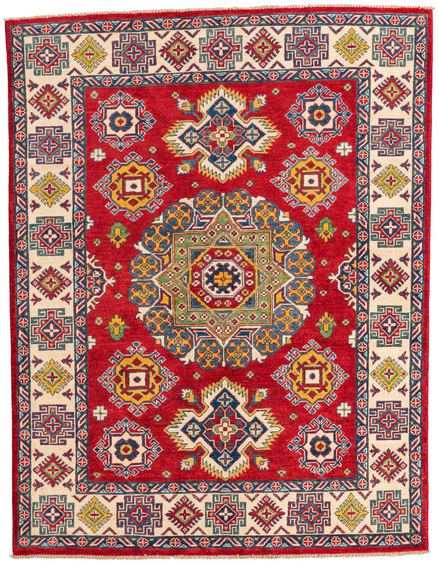 A 5x7 rectangular red rug with a vibrant traditional Southwestern medallion pattern in blue, yellow, green, and cream.