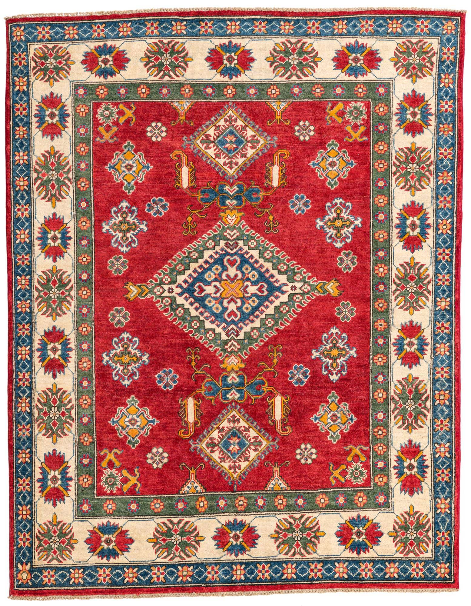 A 5x8 rectangular red Kazak rug featuring a central medallion and intricate floral borders in blue, green, and cream.