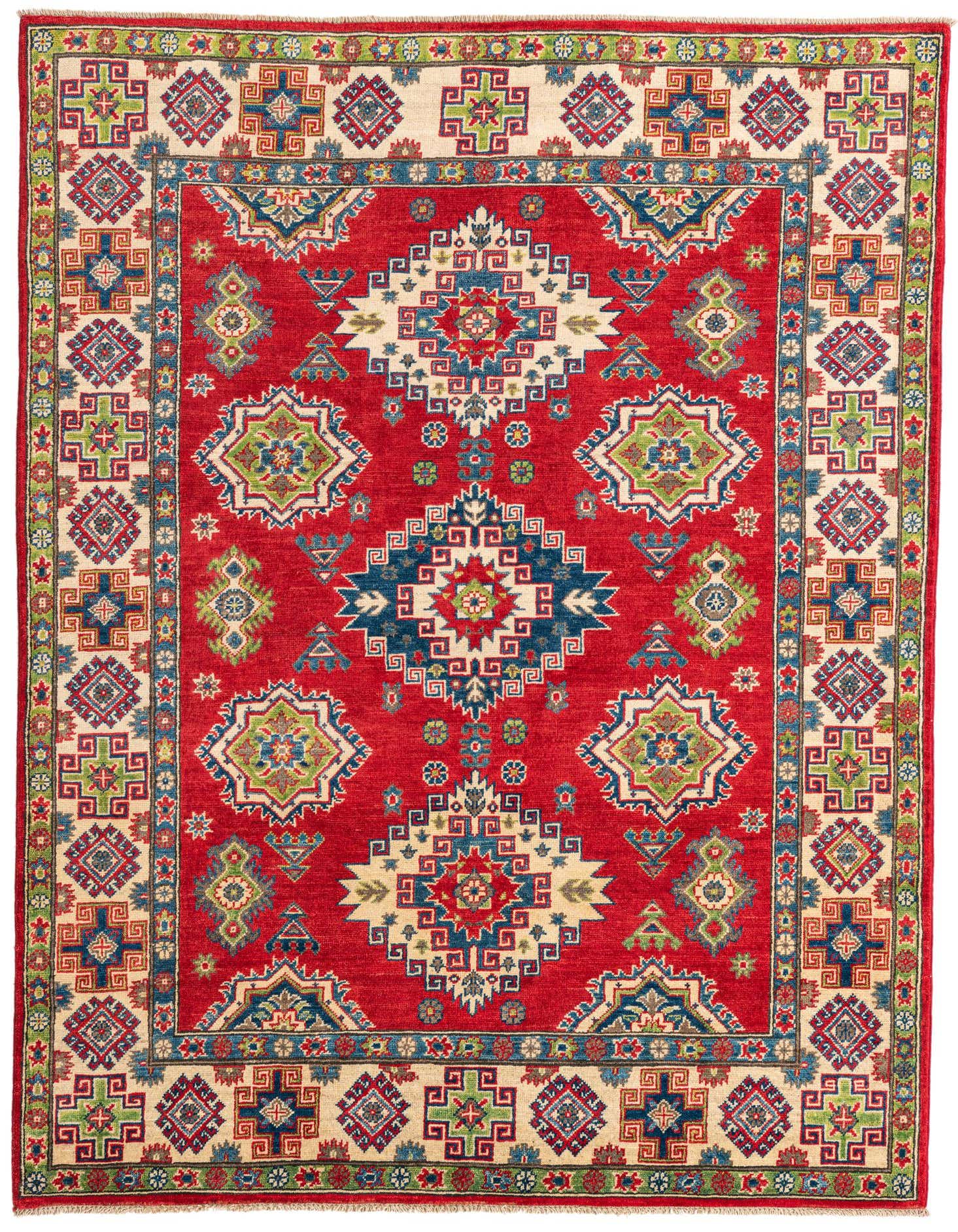 A 5x7 rectangular red rug with a traditional Southwestern pattern featuring geometric shapes in blue, green, and cream.