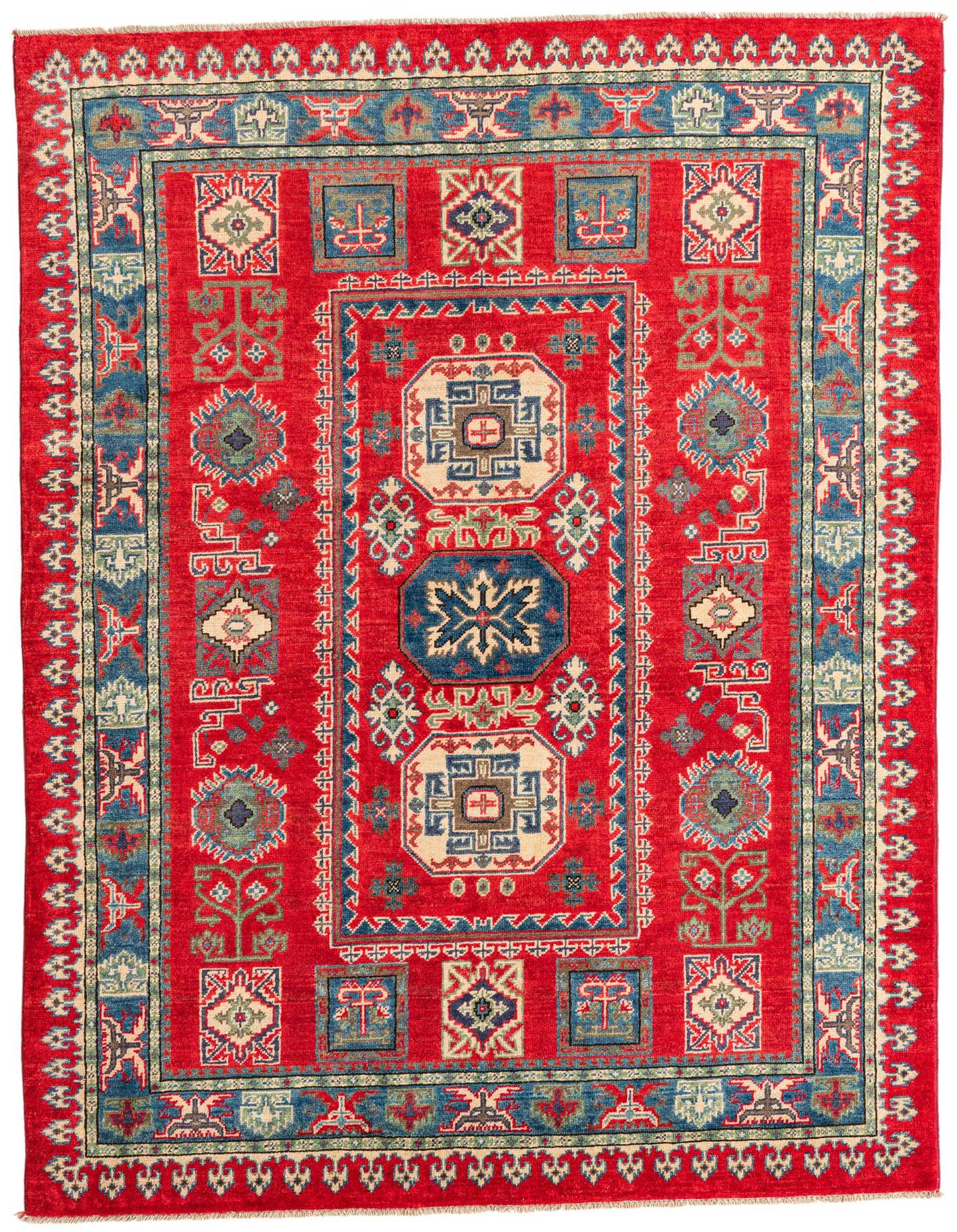 A 5x7 rectangular red traditional Kazak rug with intricate blue, cream, and green geometric patterns.