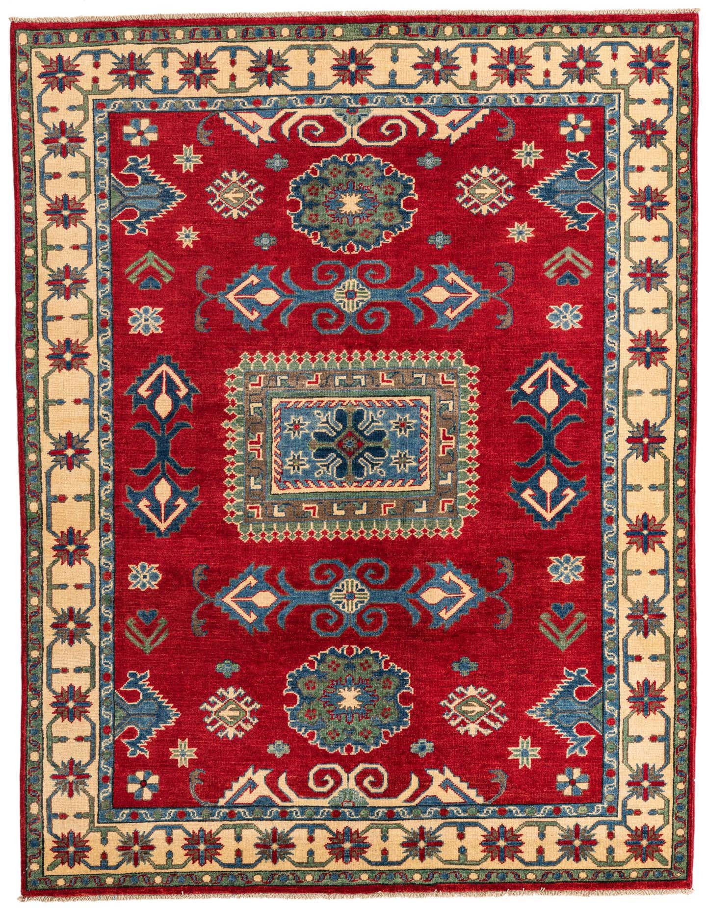 A 5x7 rectangular red Kazak rug with traditional Southwestern and Oriental patterns, featuring a central medallion and intricate borders in blue, green, and cream.