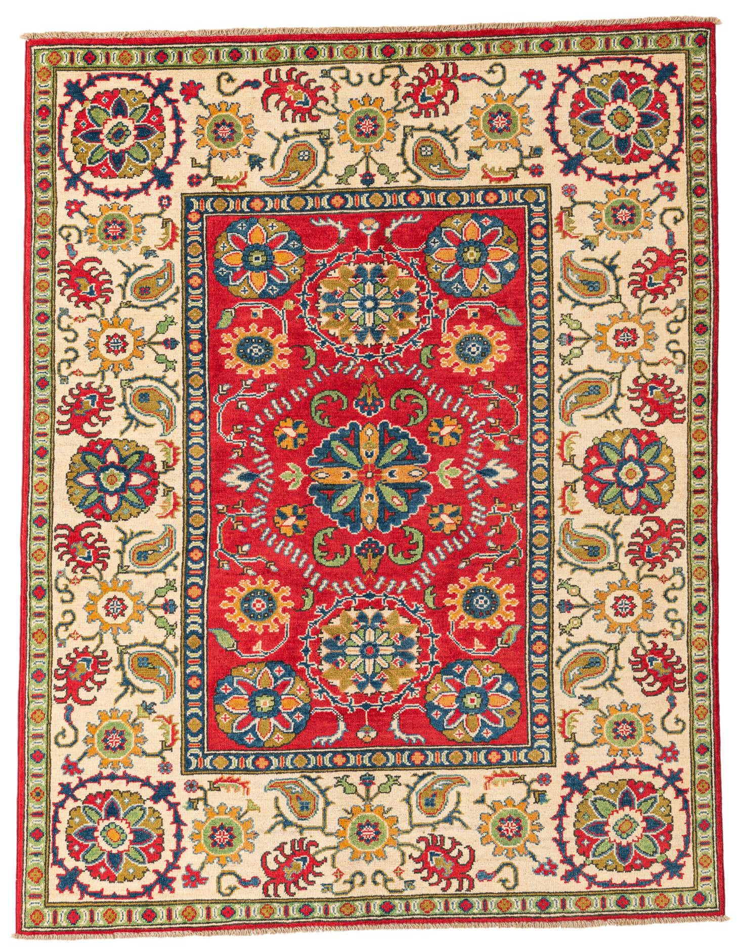 A 5x7 rectangular Kazak rug featuring a vibrant red central medallion with intricate floral patterns, surrounded by a cream border adorned with colorful traditional motifs.
