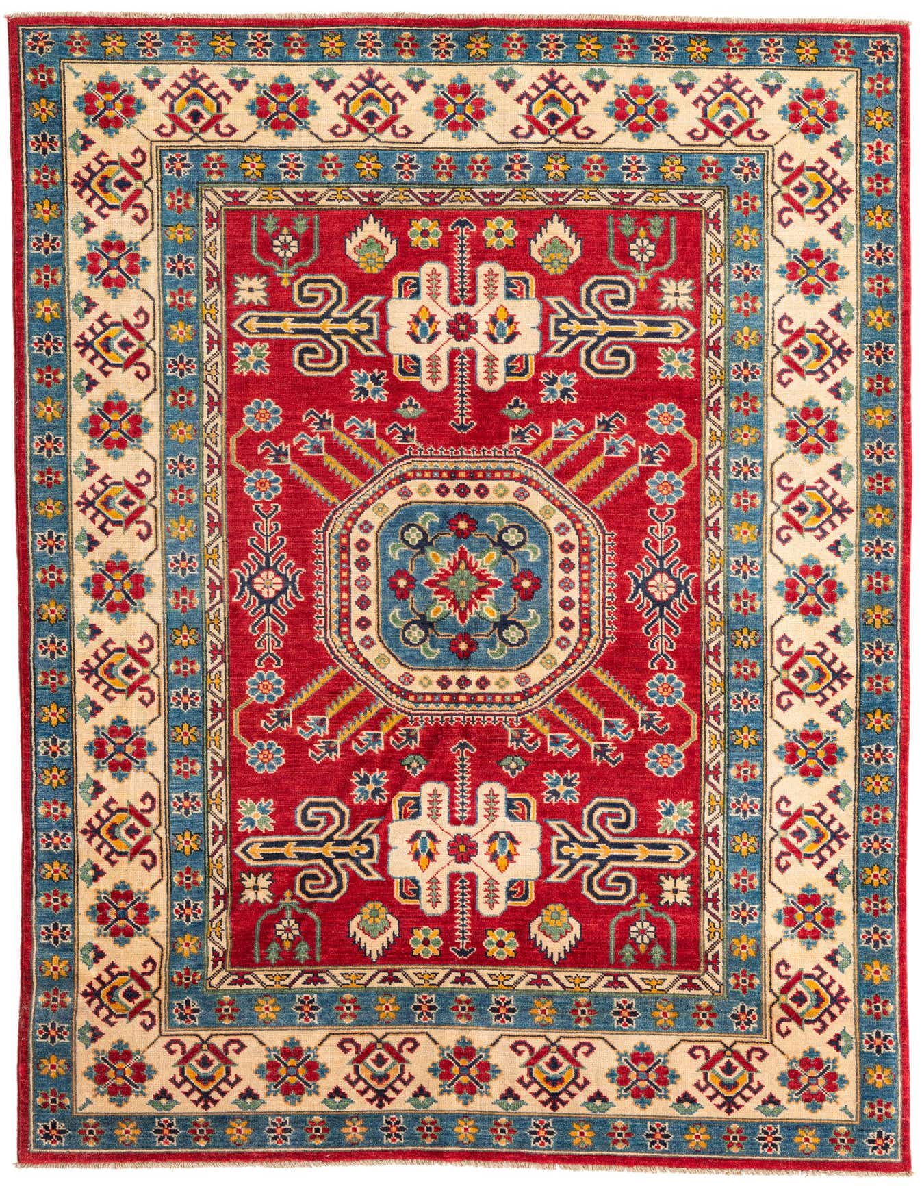 A 6x9 rectangular red Kazak rug with a central medallion, intricate traditional patterns, and a multi-border design in blue, cream, and red.