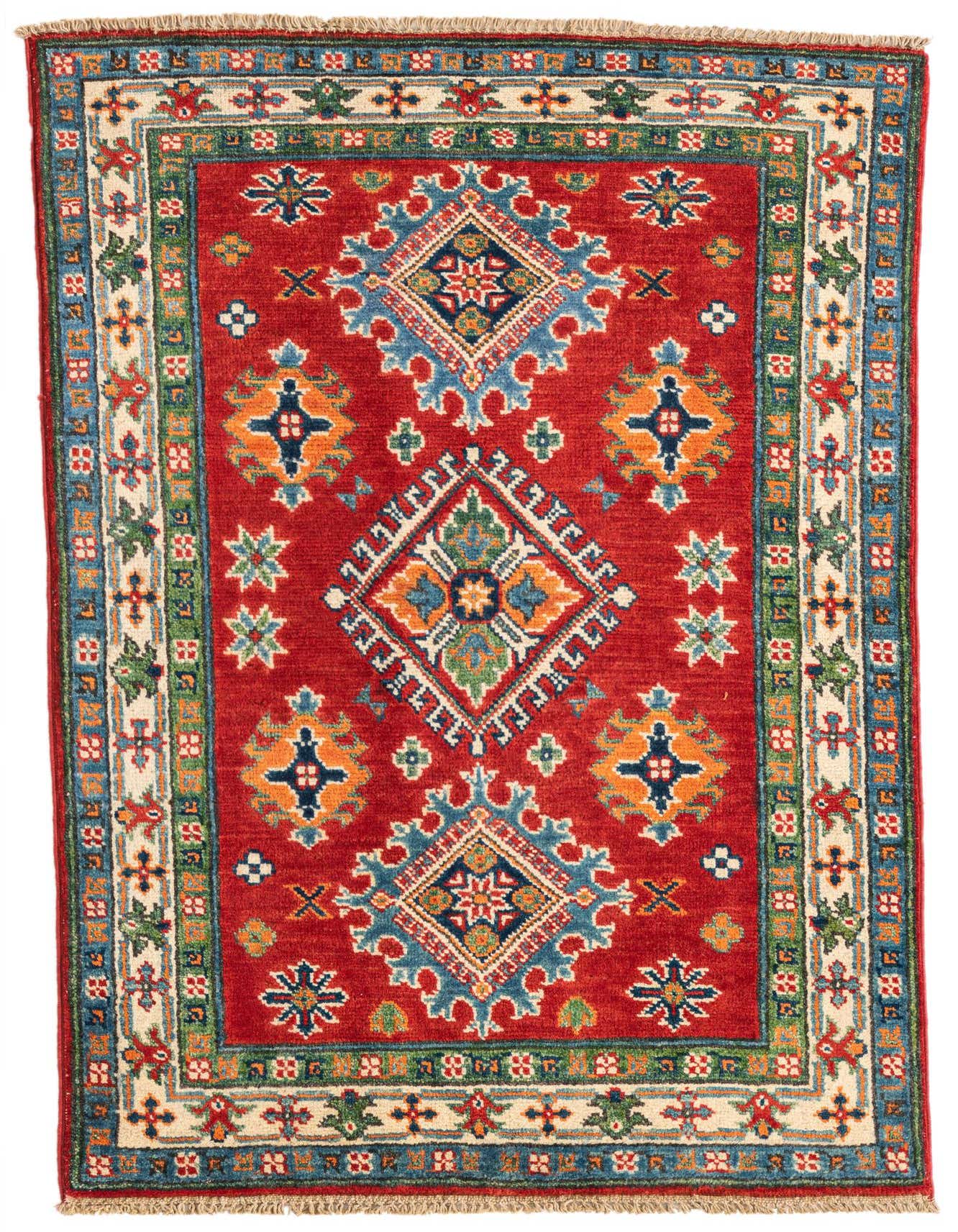 A vibrant 3x4 rectangular Rugs.com Kazak rug with a red field, featuring traditional Southwestern and Oriental geometric patterns in blue, orange, green, and cream.