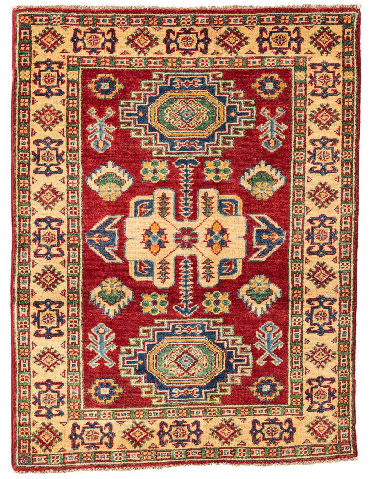 A 3x4 rectangular hand-spun wool rug featuring a traditional Southwestern medallion pattern in rich reds and creams with blue and green accents.