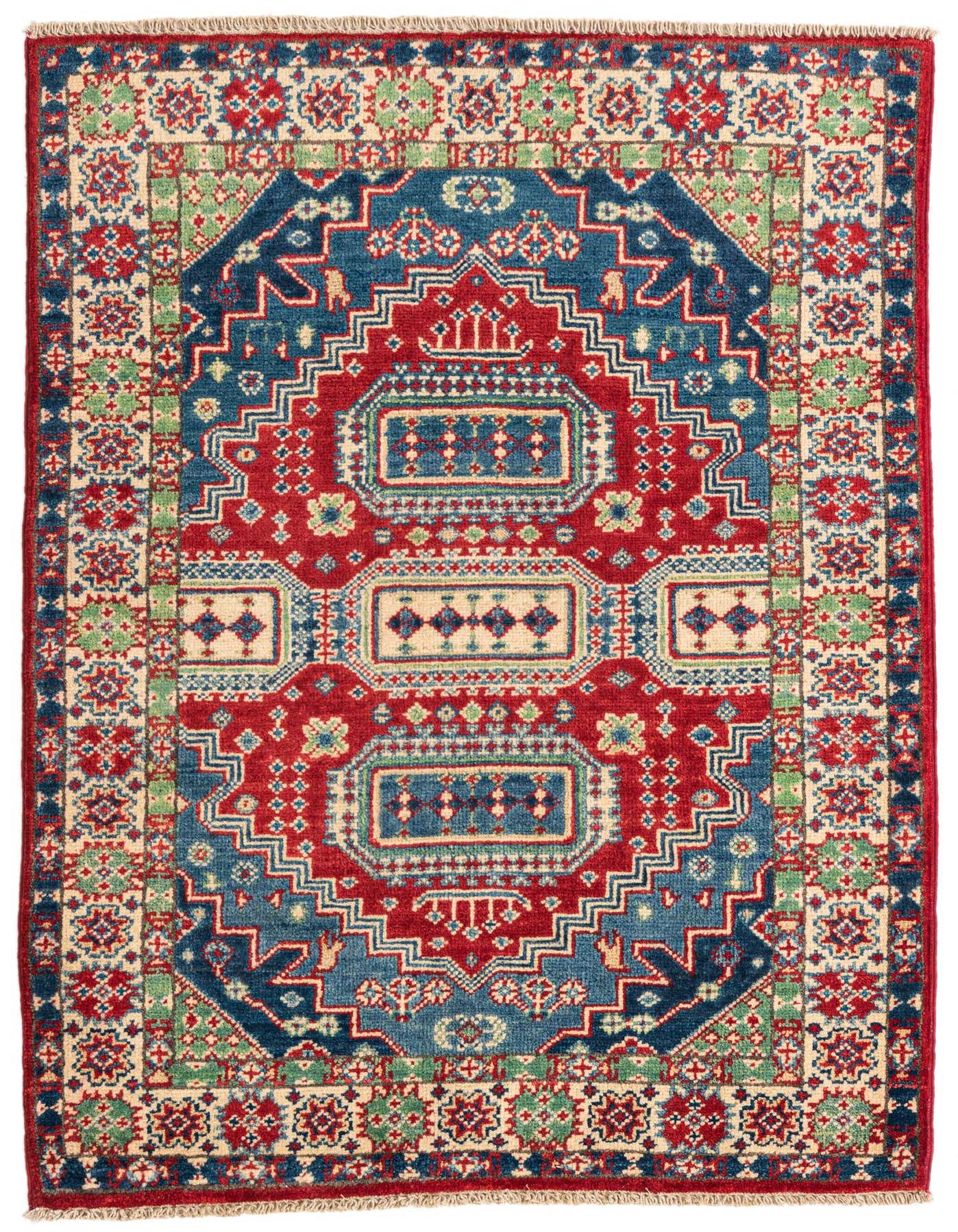 A 3x4 rectangular Kazak rug with a traditional Southwestern pattern in red, blue, green, and cream, featuring geometric motifs.