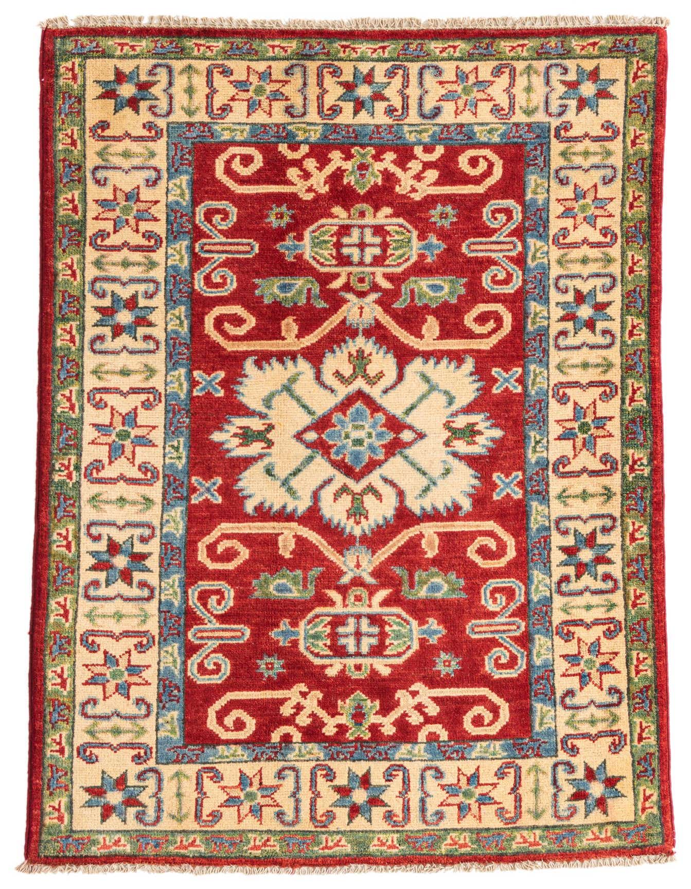 A 3x4 rectangular Kazak rug with a red field, cream border, and traditional Southwestern medallion pattern.