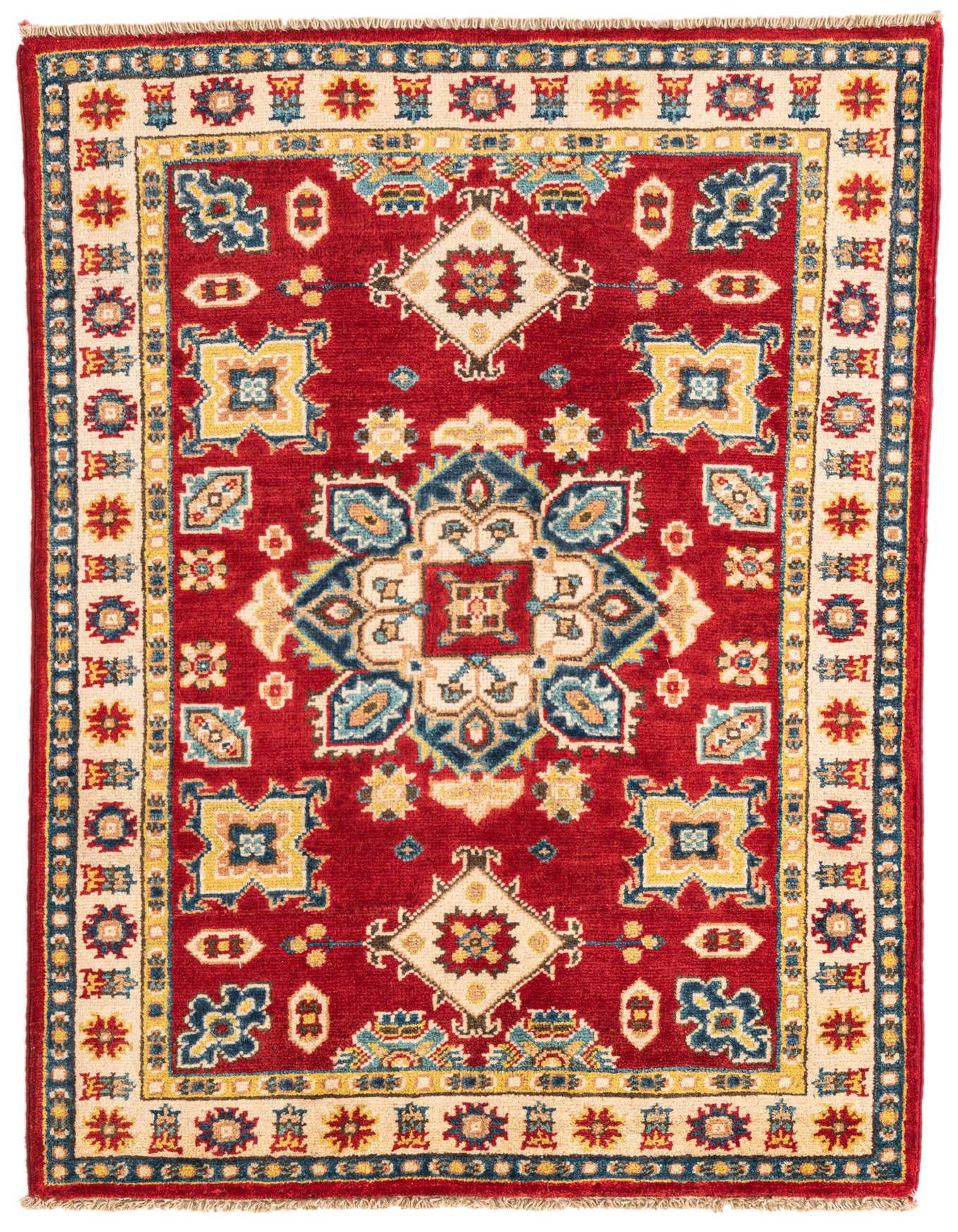 A 3x4 rectangular Rugs.com Kazak rug with a vibrant red field, featuring a central medallion and Southwestern-Oriental patterns in blue, yellow, and cream.