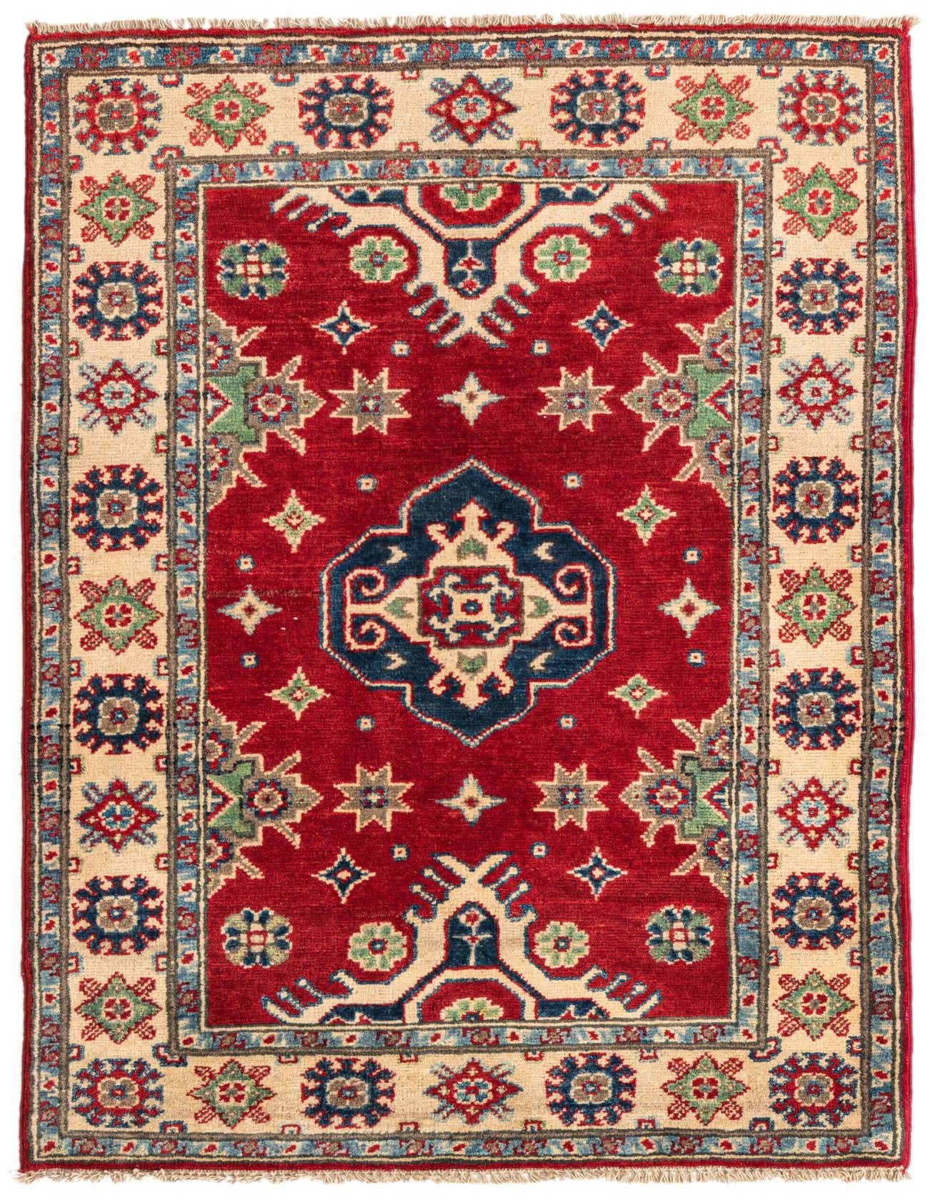 A 3x4 rectangular Rugs.com Kazak rug with a red field and a central navy medallion, surrounded by a cream border with floral and geometric patterns.