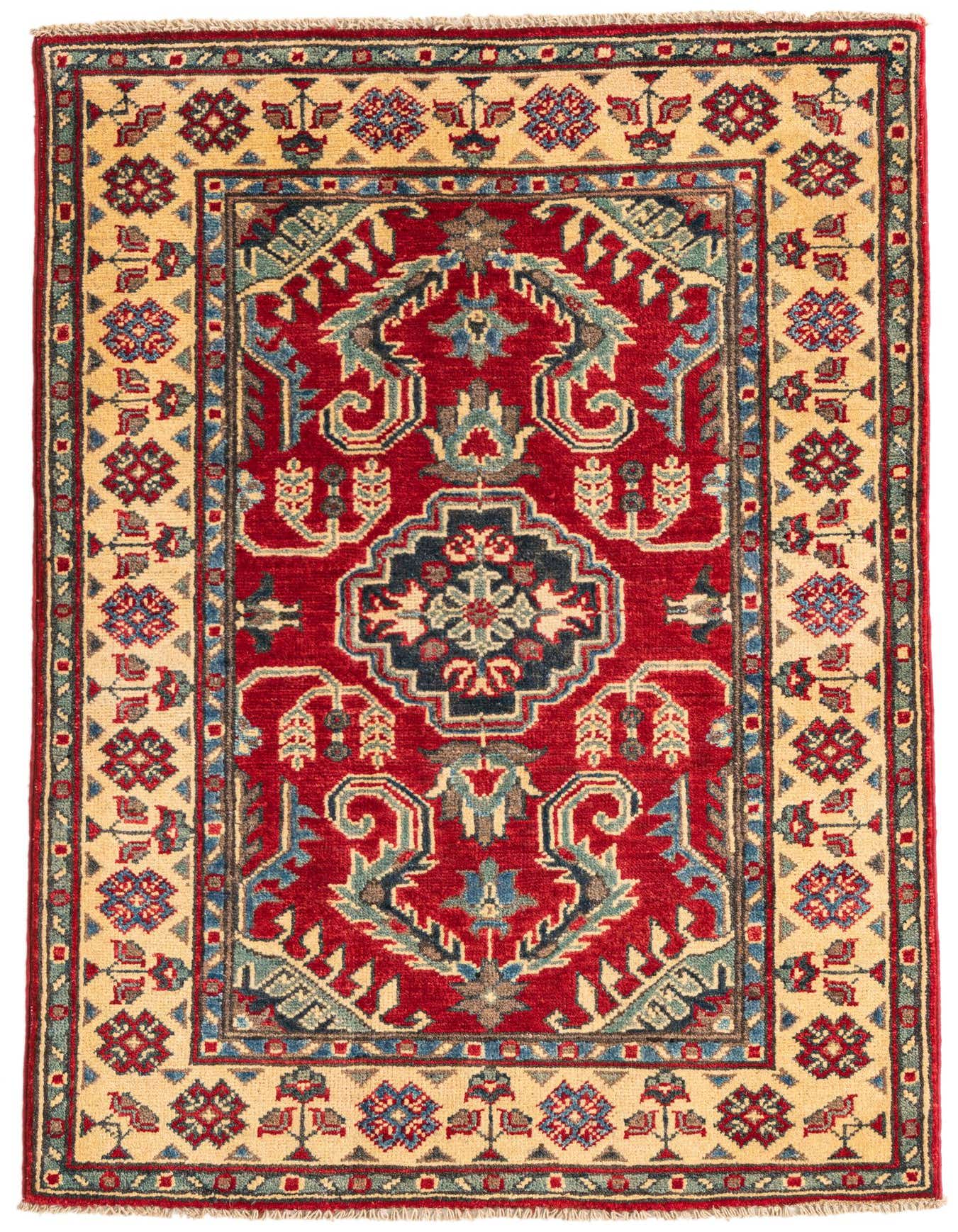 A 3x4 rectangular hand-spun wool rug with a vibrant red field and a gold border, featuring traditional Oriental and Southwestern medallion patterns.