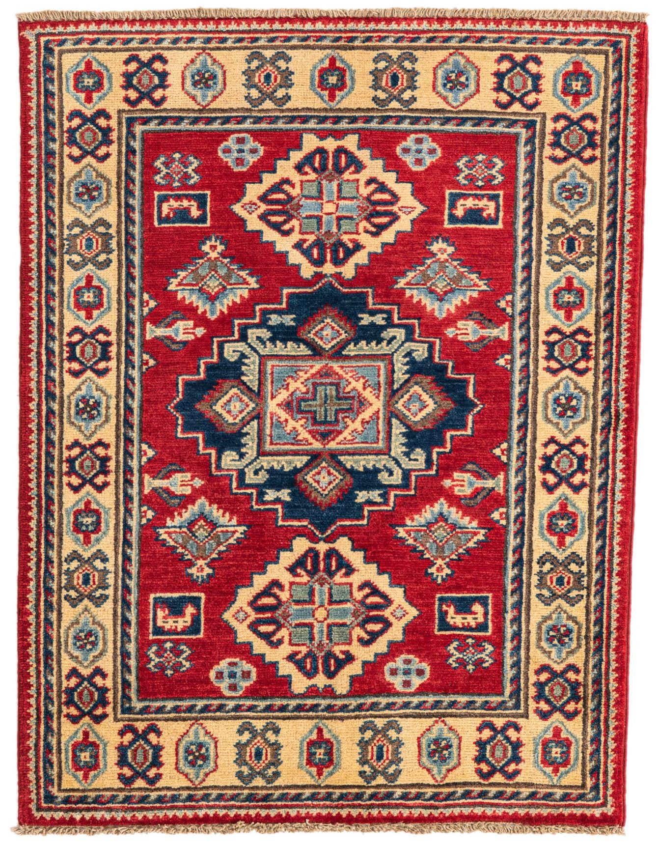 A 3x4 rectangular red rug with a prominent navy and beige medallion, surrounded by geometric patterns and a detailed border.