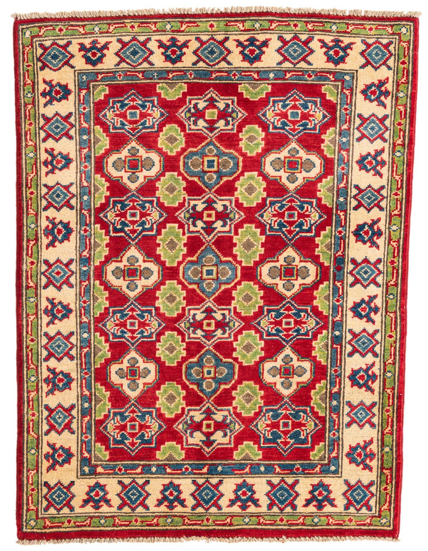 A 3x4 rectangular Rugs.com Kazak rug with a vibrant red field, featuring traditional Southwestern and Oriental patterns in blue, green, and beige.
