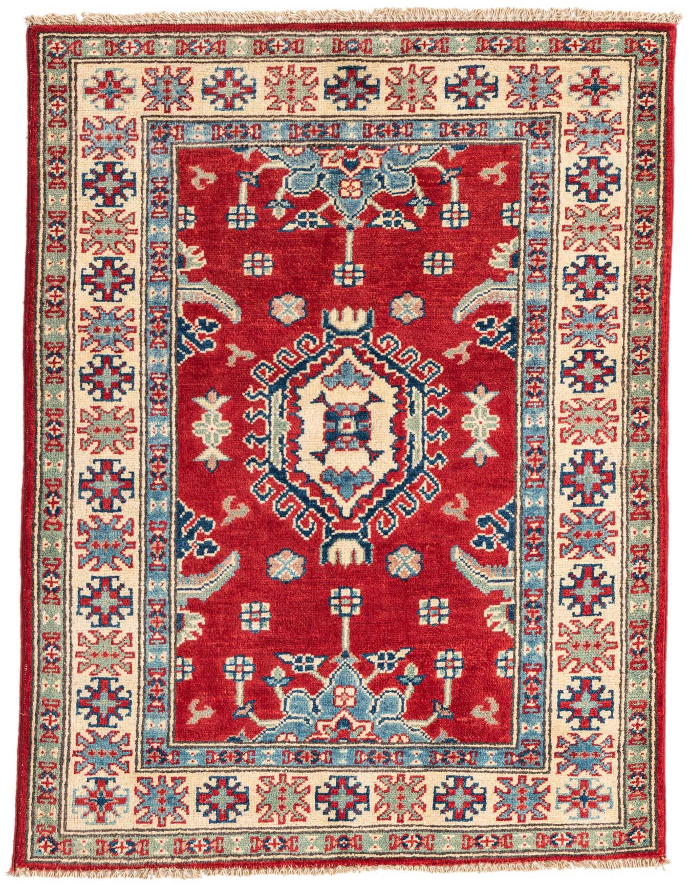 A 3x4 rectangular red Kazak rug with a traditional Southwestern pattern, featuring a central medallion and intricate borders in blues, creams, and greens.