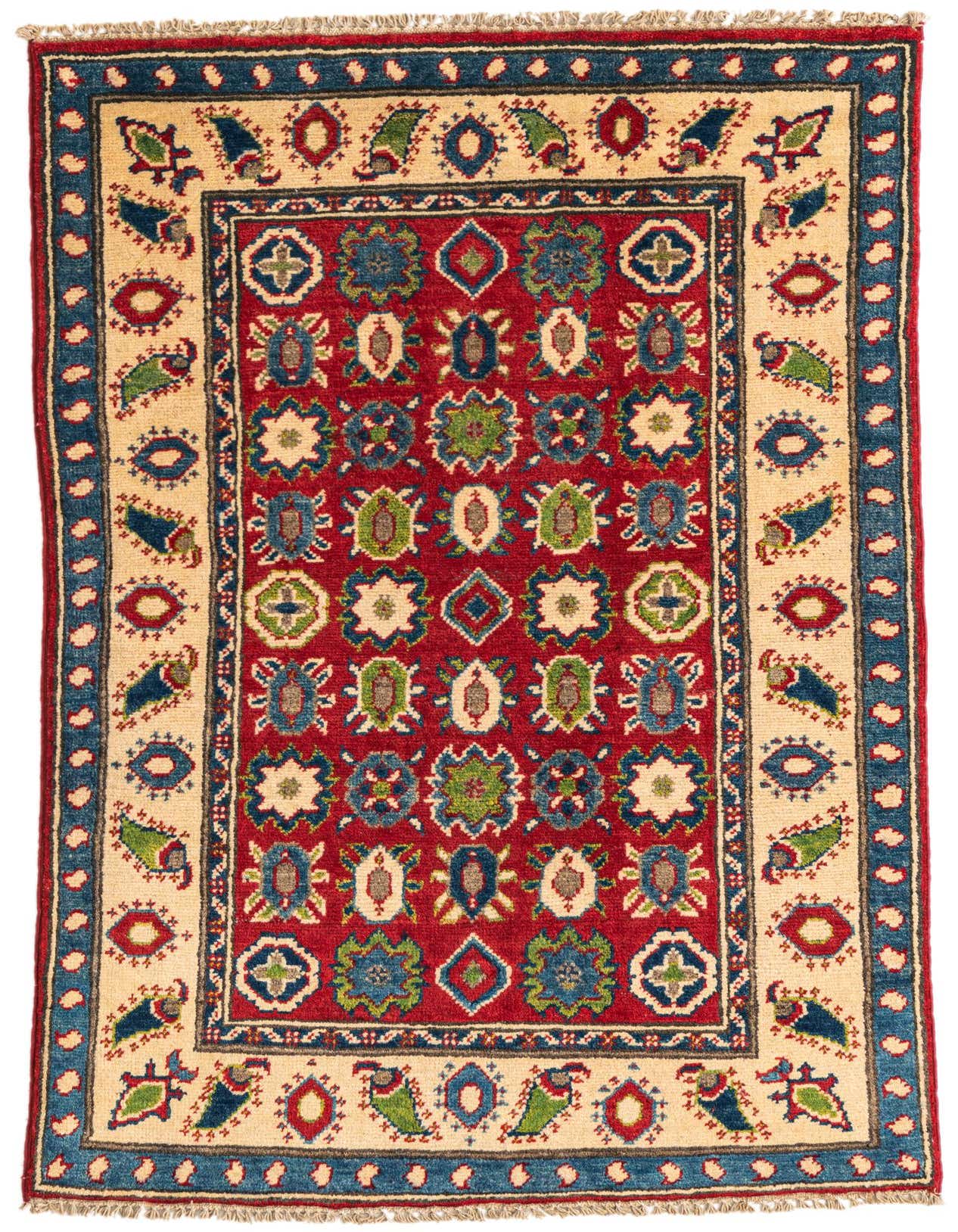 A 3x4 rectangular Rugs.com Kazak rug with a red field and traditional Southwestern patterns in blue, green, and cream.