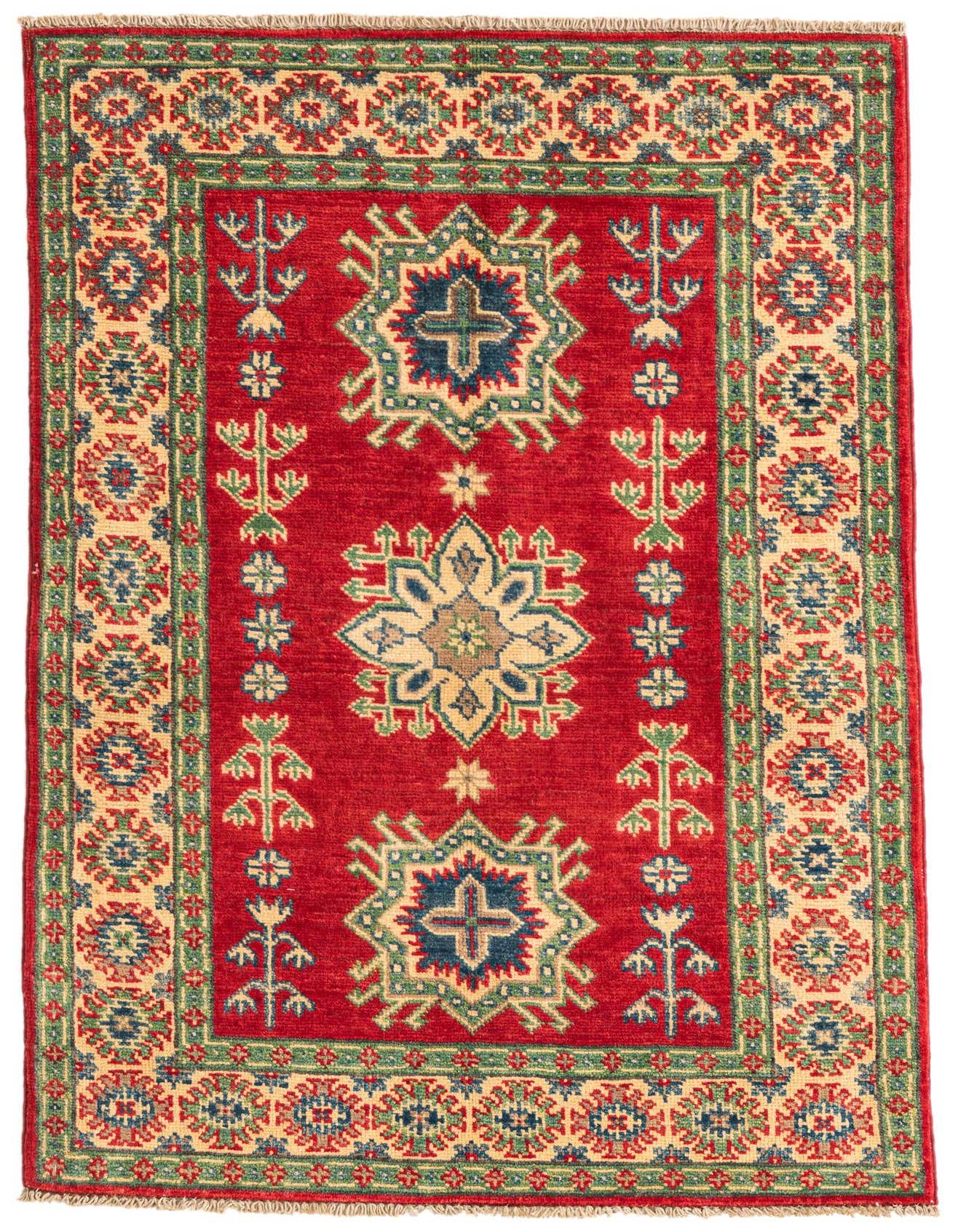A 3x4 rectangular red rug with traditional Southwestern and Oriental medallion patterns in blue, green, and beige.