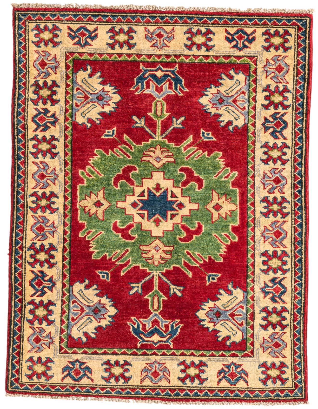A 3x4 rectangular Rugs.com Kazak rug with a red field, green medallion, and cream border featuring traditional Southwestern and Oriental patterns.