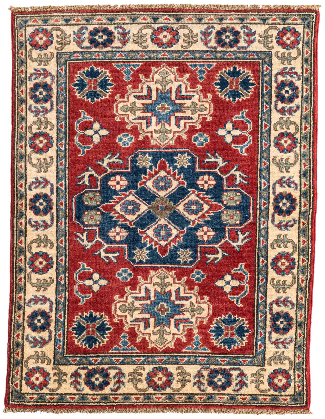 A 3x4 rectangular Rugs.com Kazak rug with a central blue medallion on a red field, framed by a beige border with floral motifs.