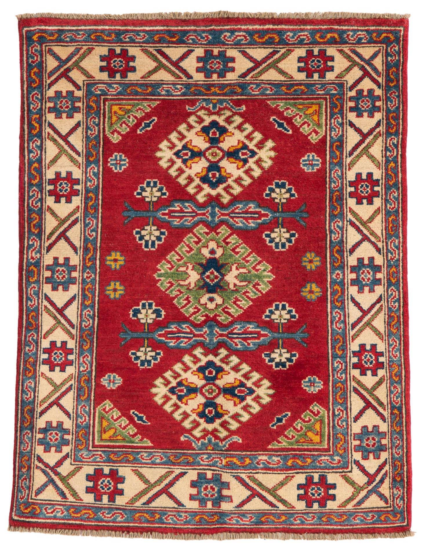 A 3x4 rectangular Rugs.com Kazak rug with a vibrant red field, featuring traditional Southwestern and Oriental patterns in blue, green, and cream.