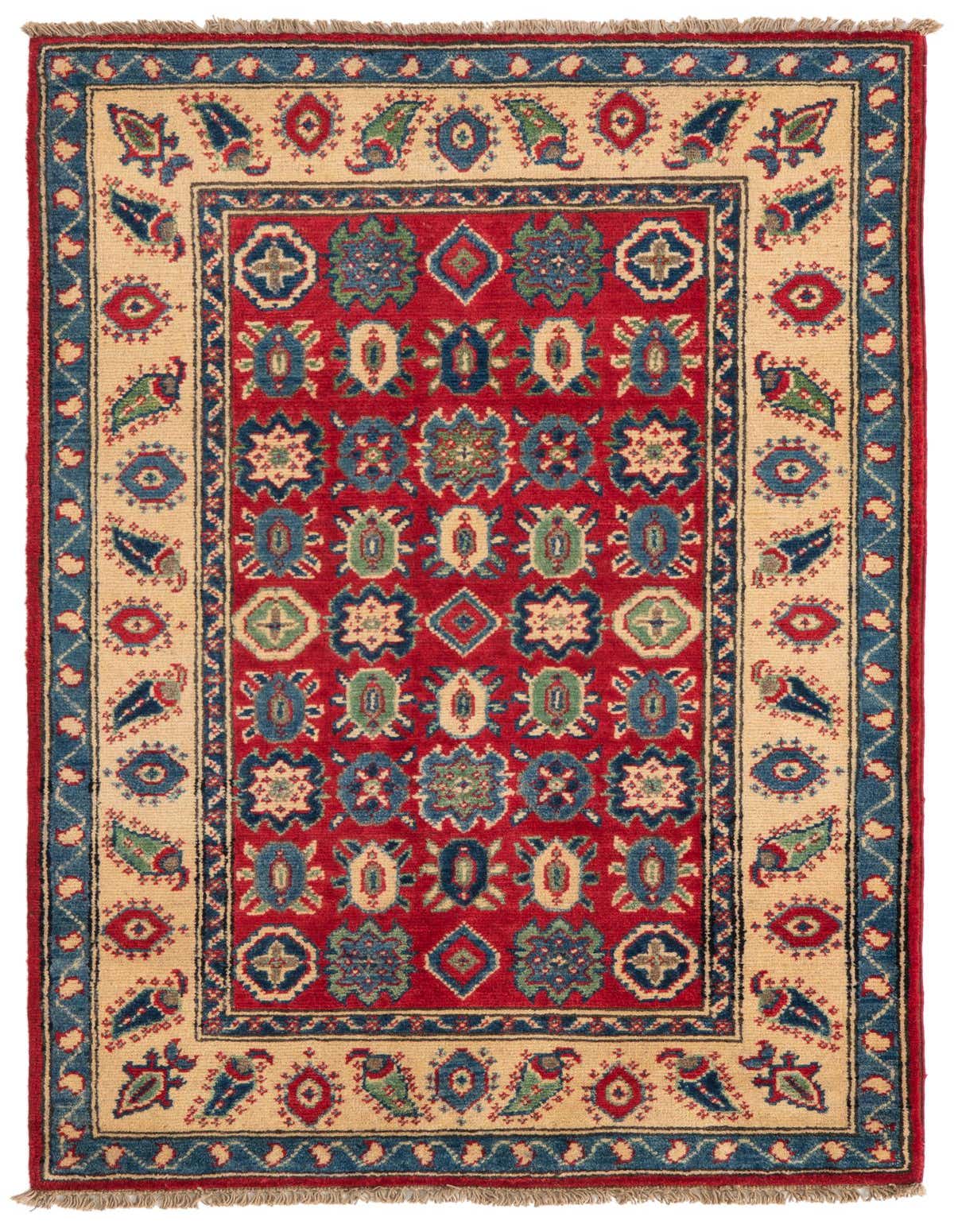 A 3x4 rectangular Rugs.com Kazak rug with a red field and traditional Southwestern patterns in blue, green, and cream.
