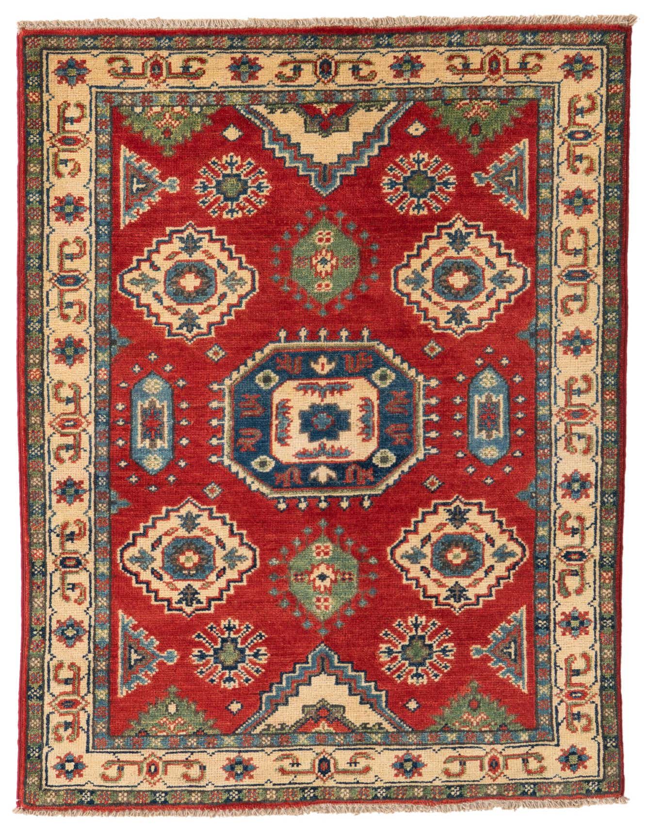 A 3x4 rectangular red traditional rug with Southwestern and Oriental patterns in blue, green, and cream.