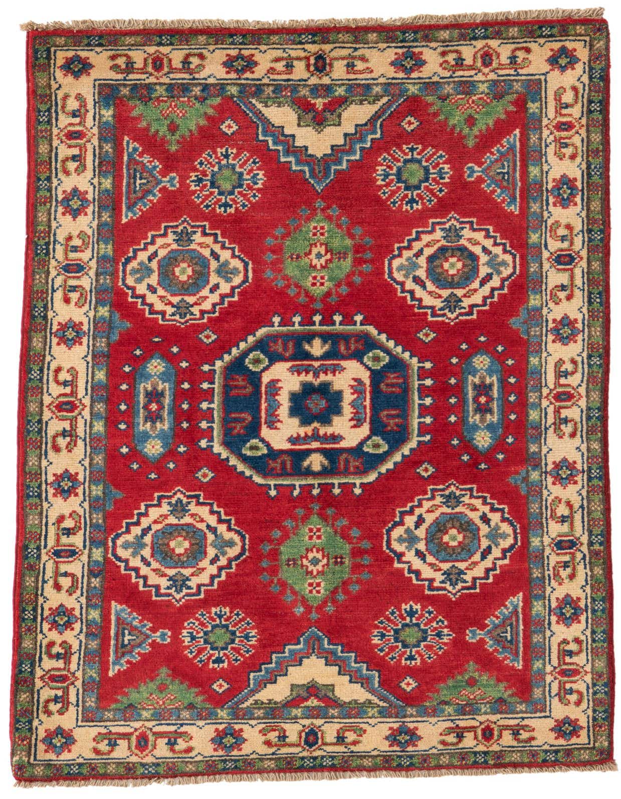 A 3x4 rectangular Rugs.com Kazak rug featuring a bold red field with intricate traditional Southwestern and Oriental patterns in blue, green, and cream, ideal for indoor spaces.